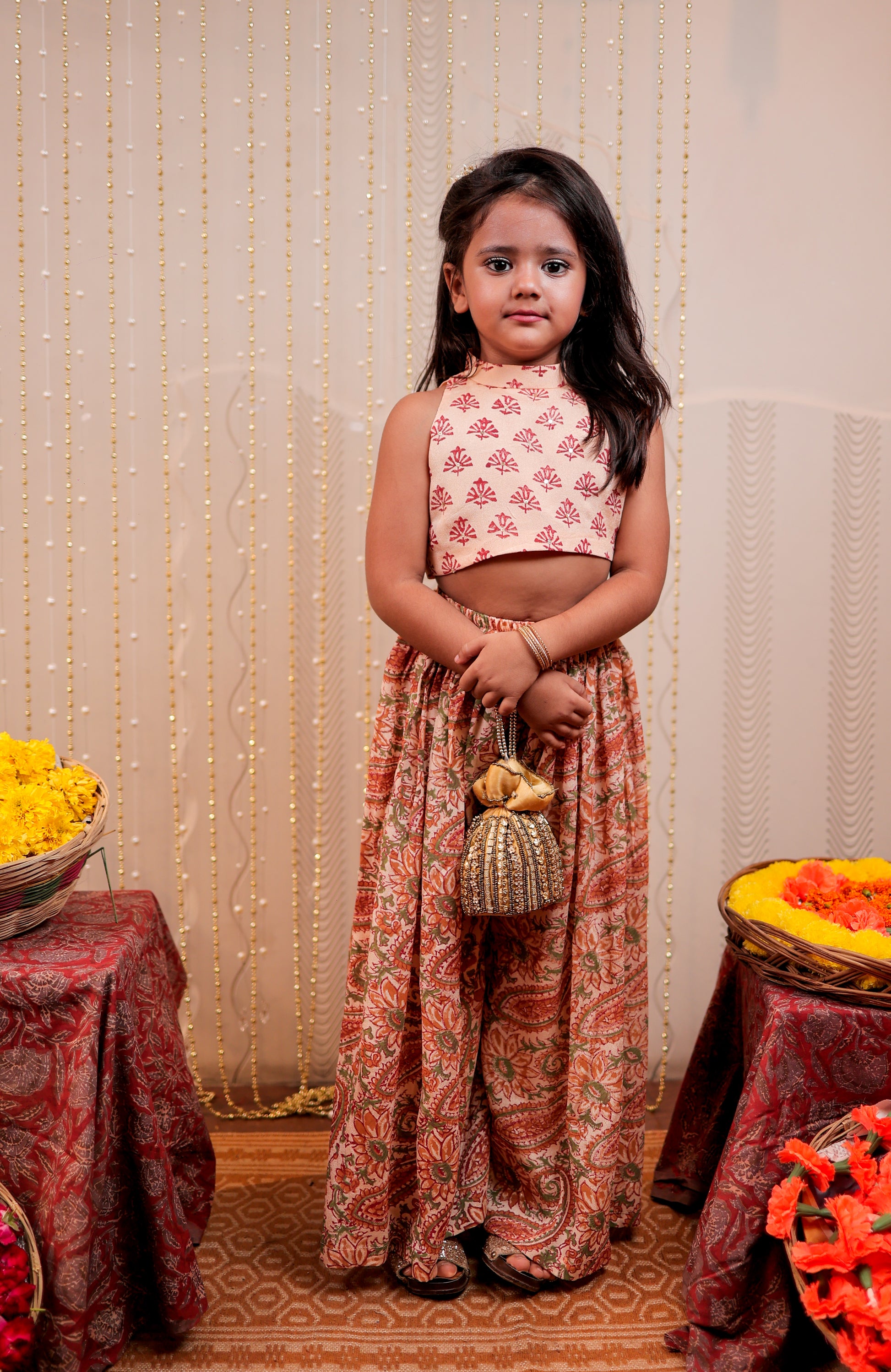 Peach block printed crop top with sharara