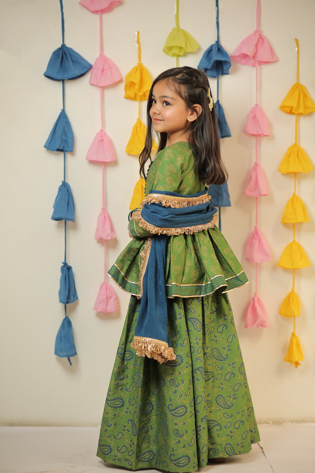 Green block Printed kurta with sharara and Dupatta set.
