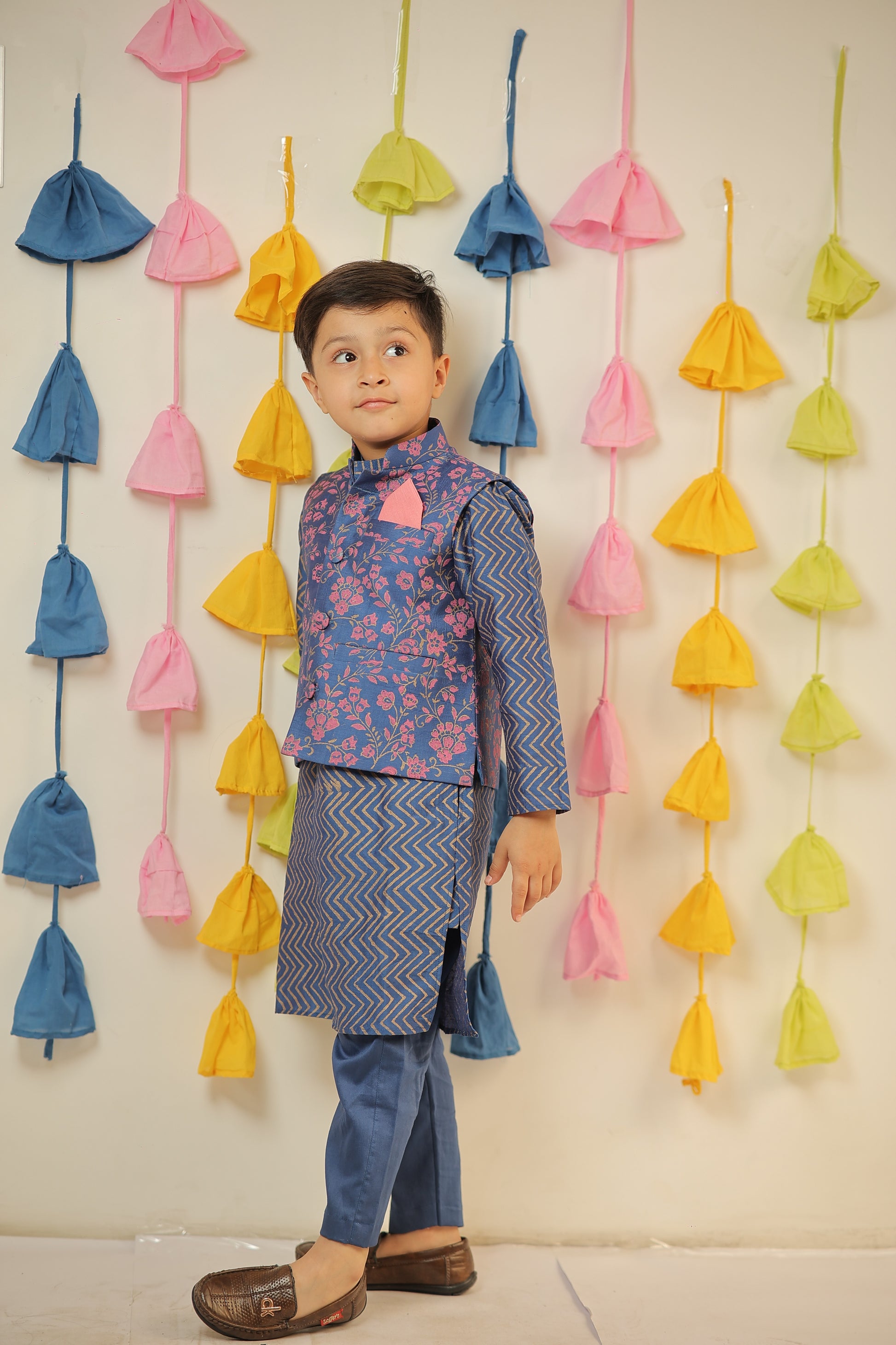 Blue block printed kurta set with jacket