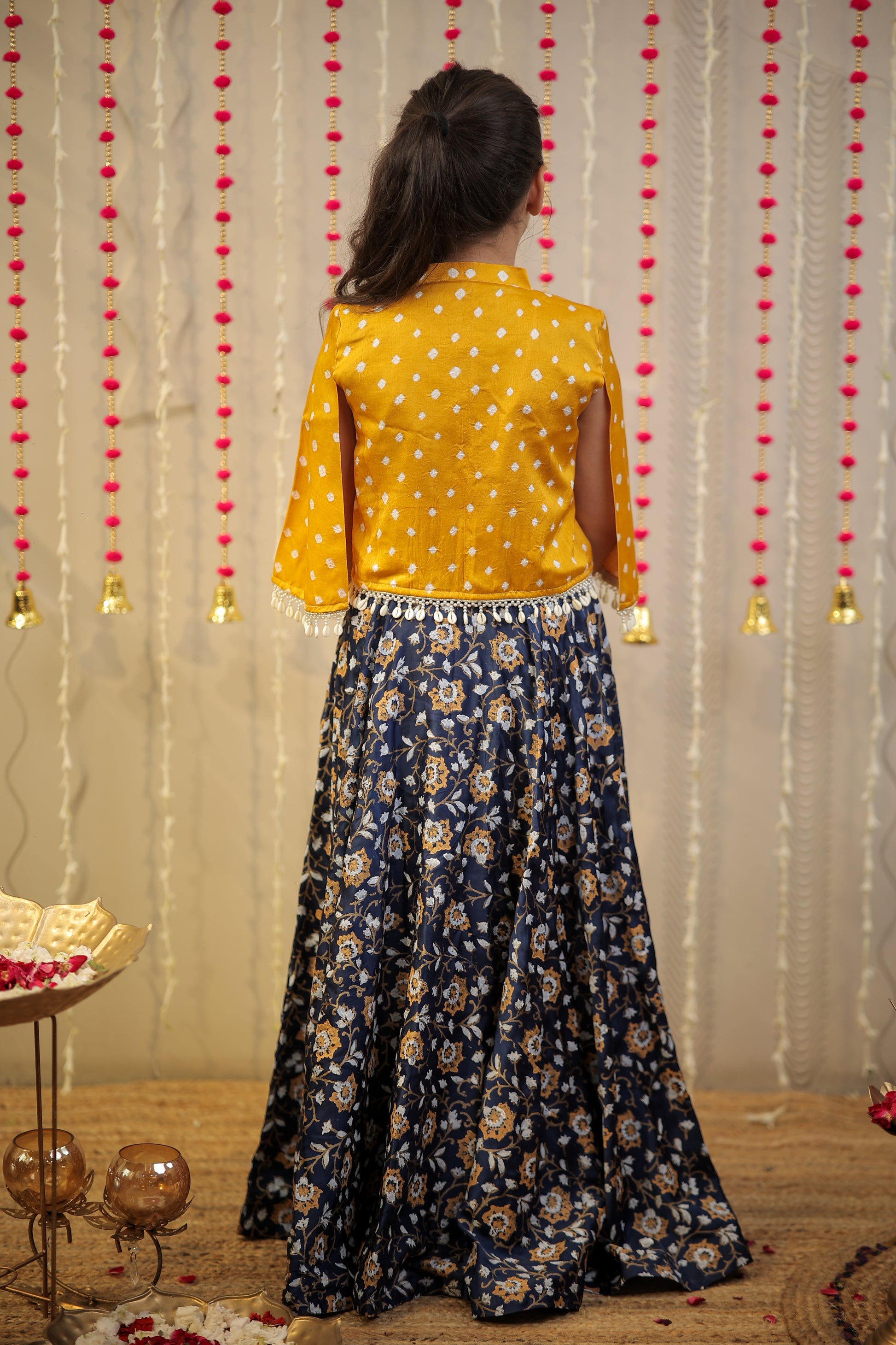Ink Blue block printed skirt with blouse paired with shrug.