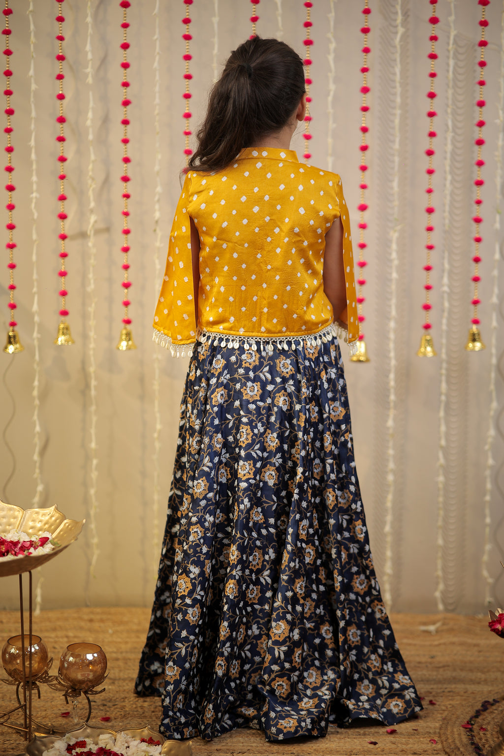Ink Blue block printed skirt with blouse paired with shrug.