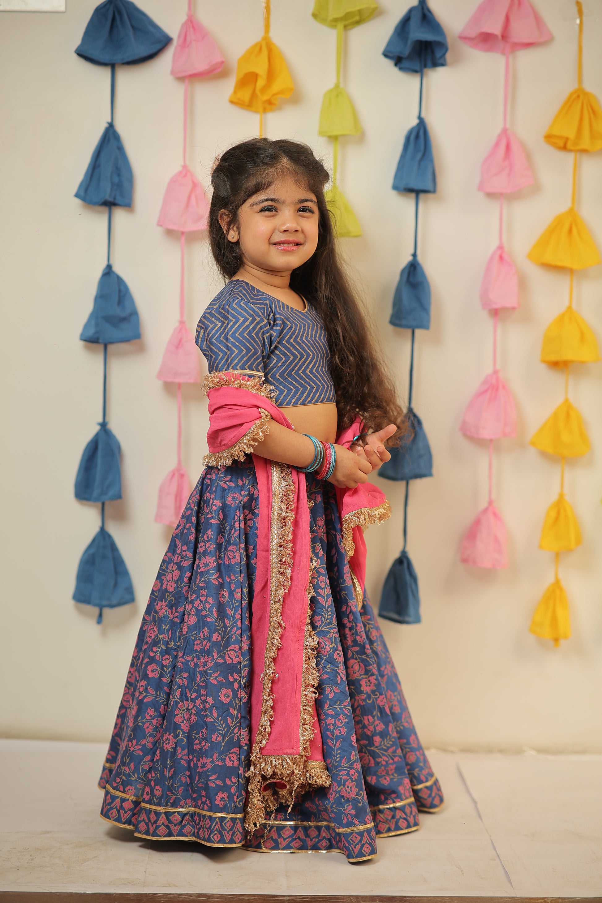 Blue block Printed lehenga set.