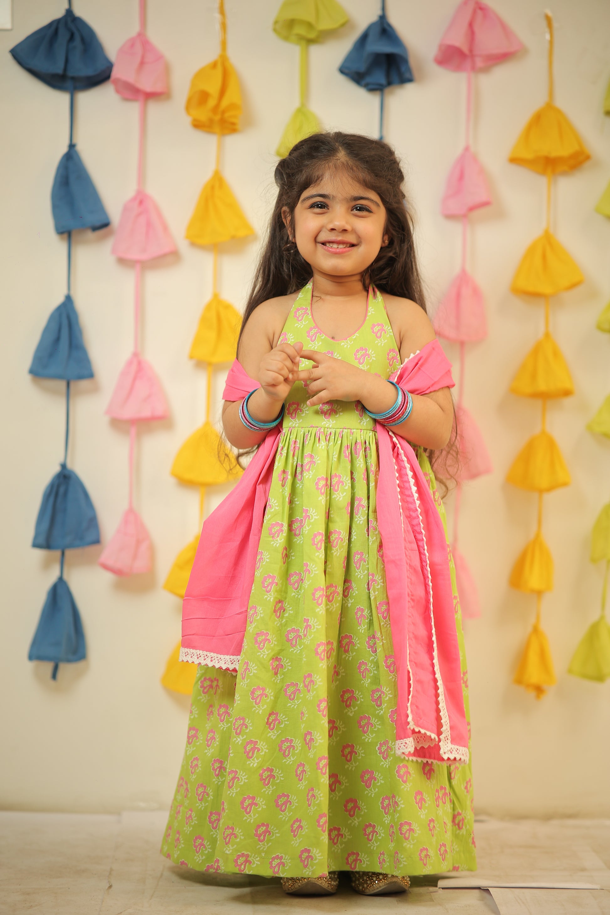 Green full length block printed kurta with dupatta.