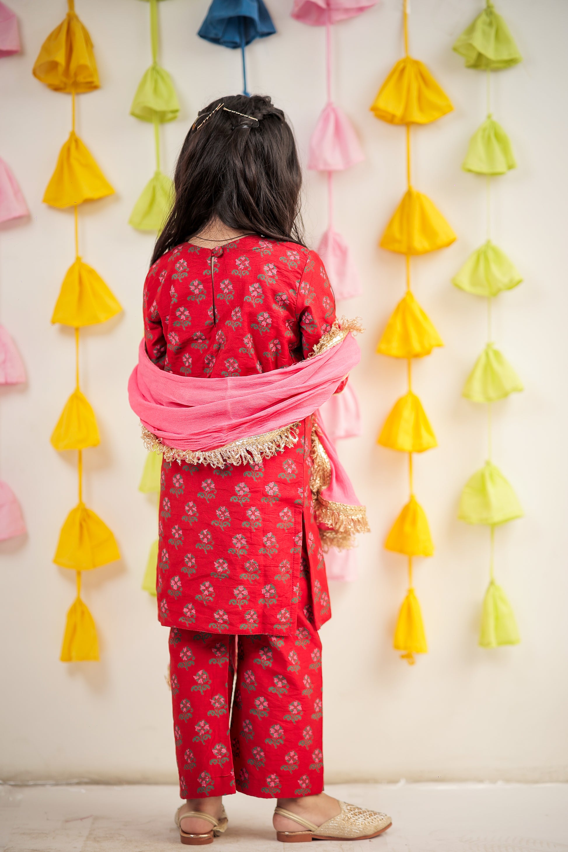 Red Block Printed kurta with pant and dupatta.