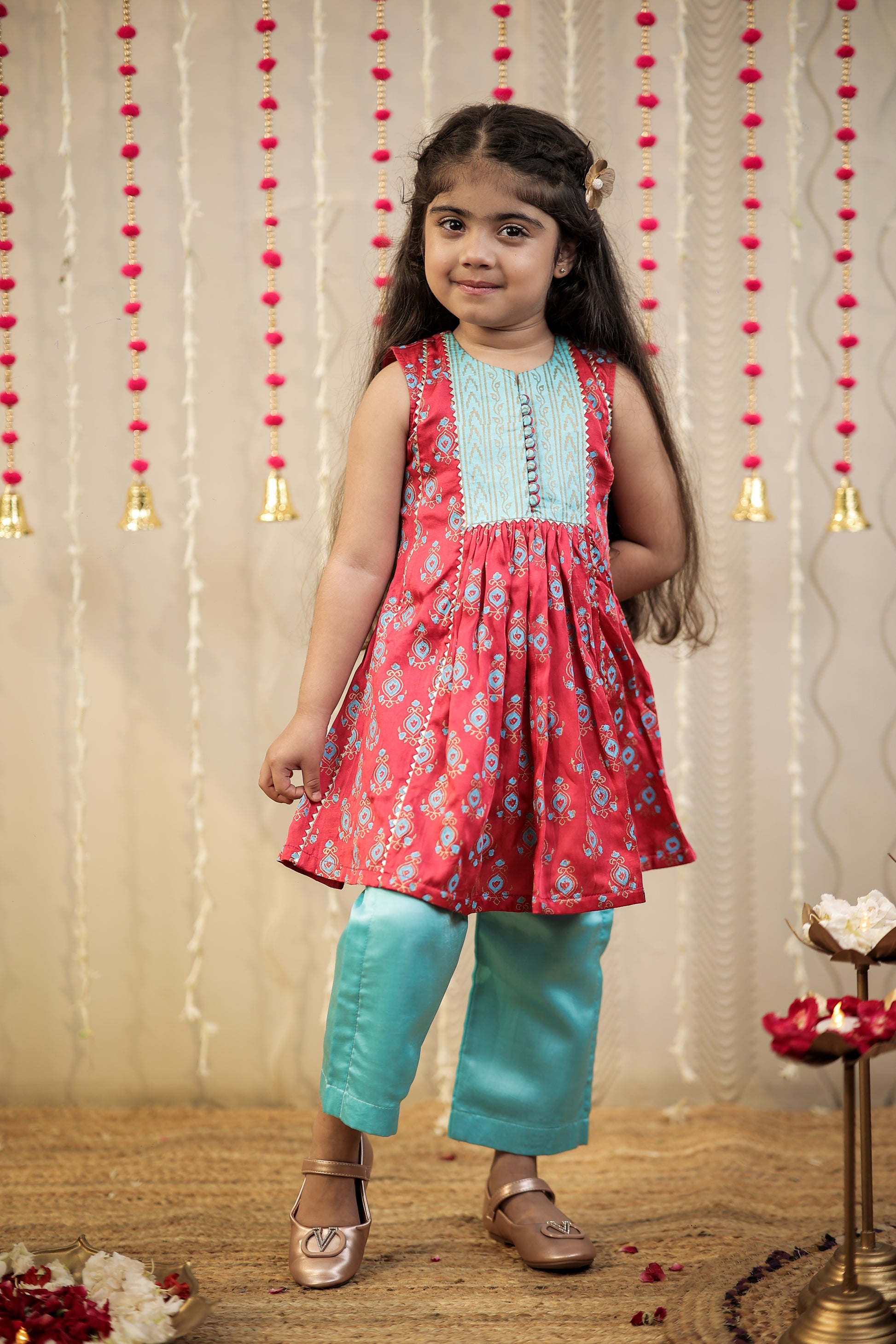 Pink block printed kurta with pants