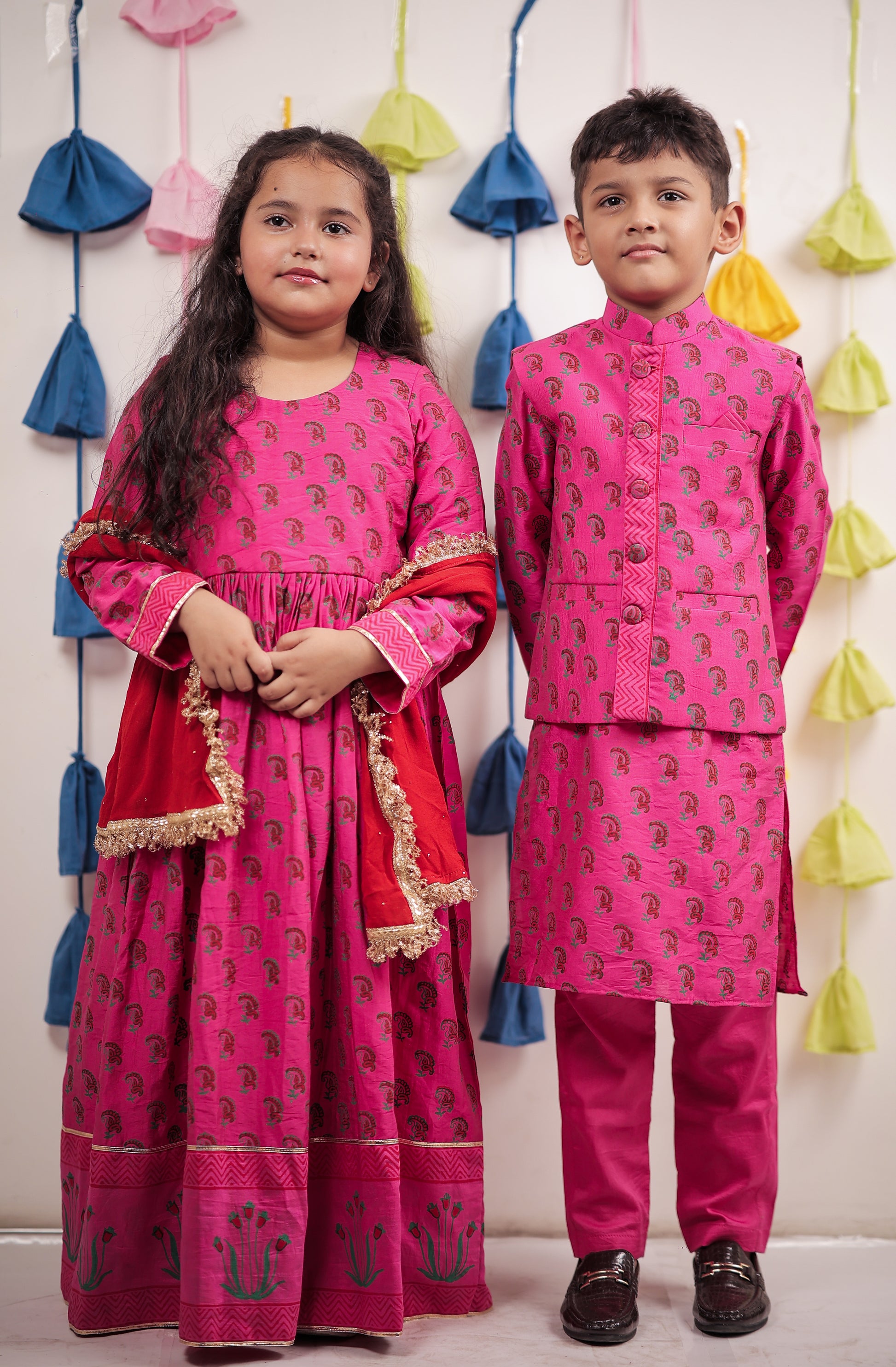 Pink block Printed Anarkali with Dupatta.