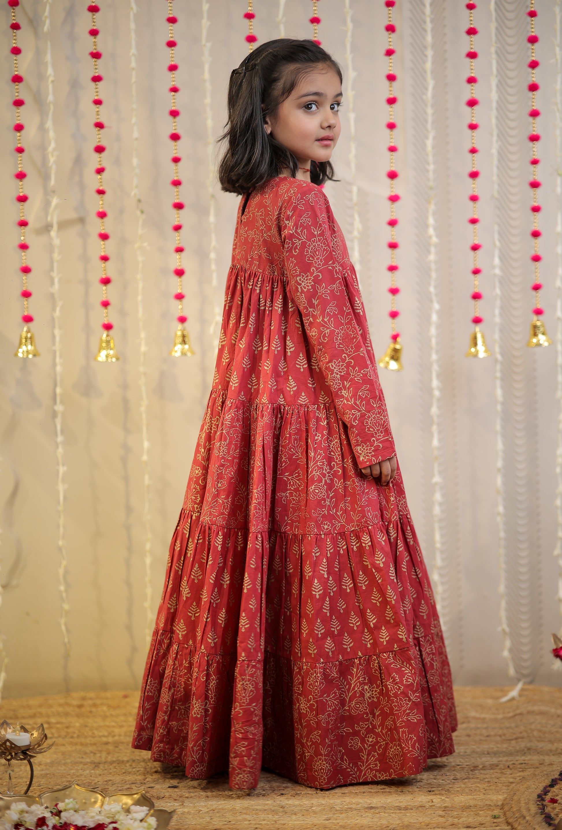 Maroon block printed full length kurta.