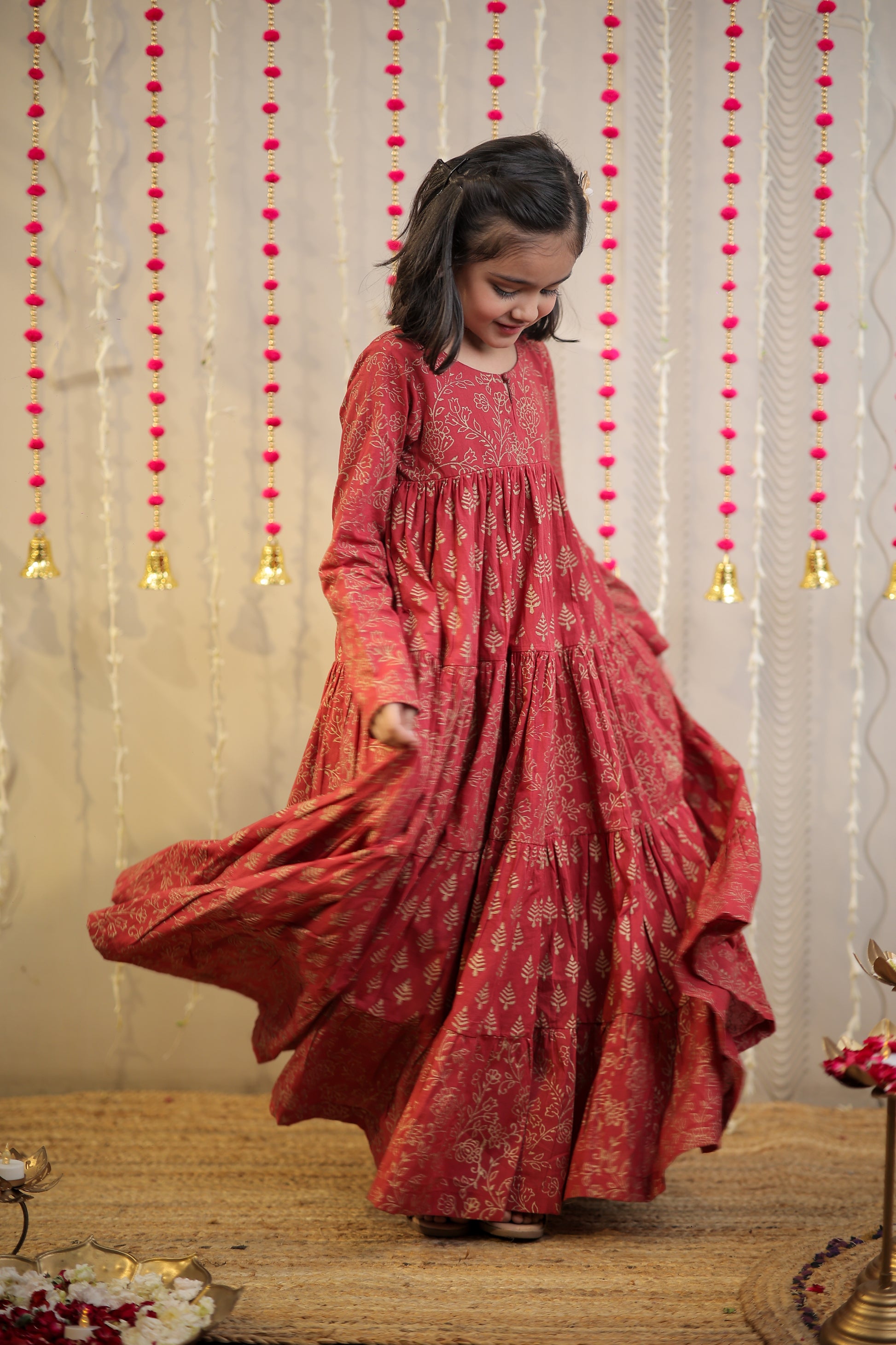 Maroon block printed full length kurta.