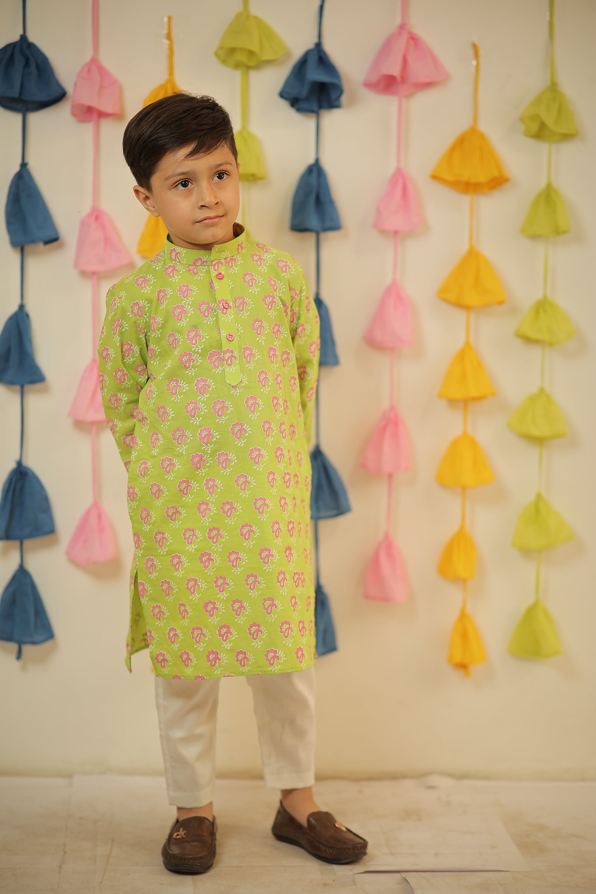 Green block printed kurta set.
