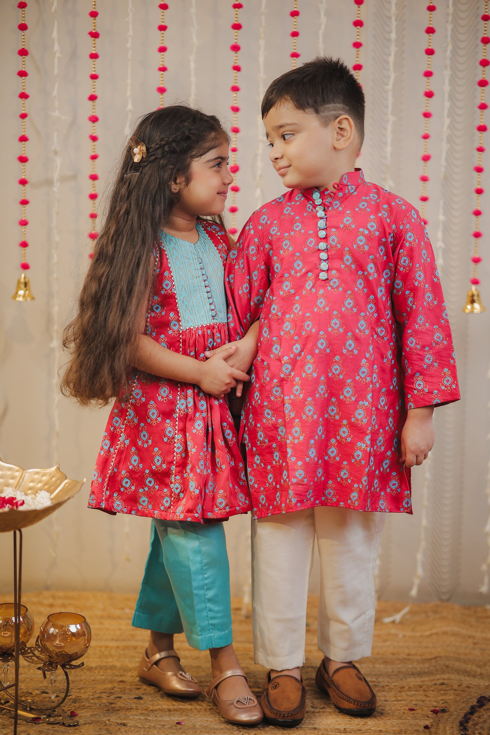 Pink block printed kurta with pants