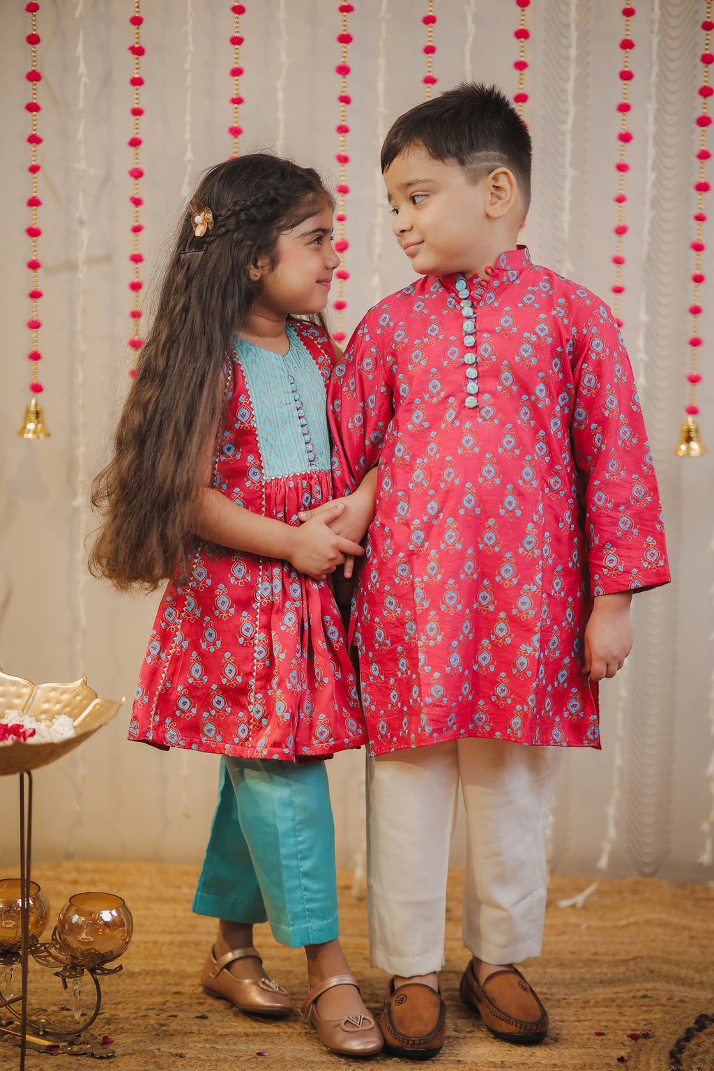 Pink block printed kurta with pants
