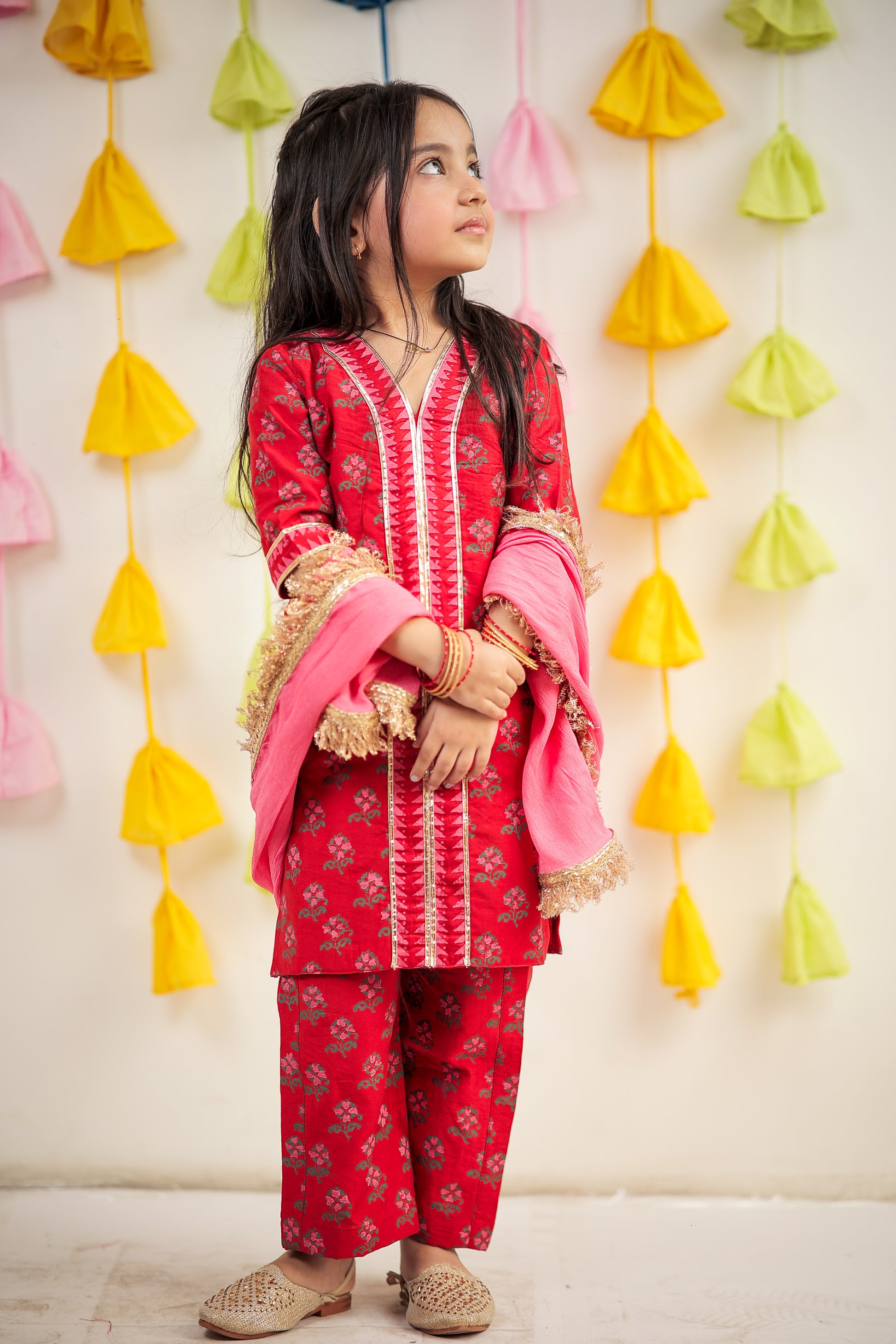 Red Block Printed kurta with pant and dupatta.