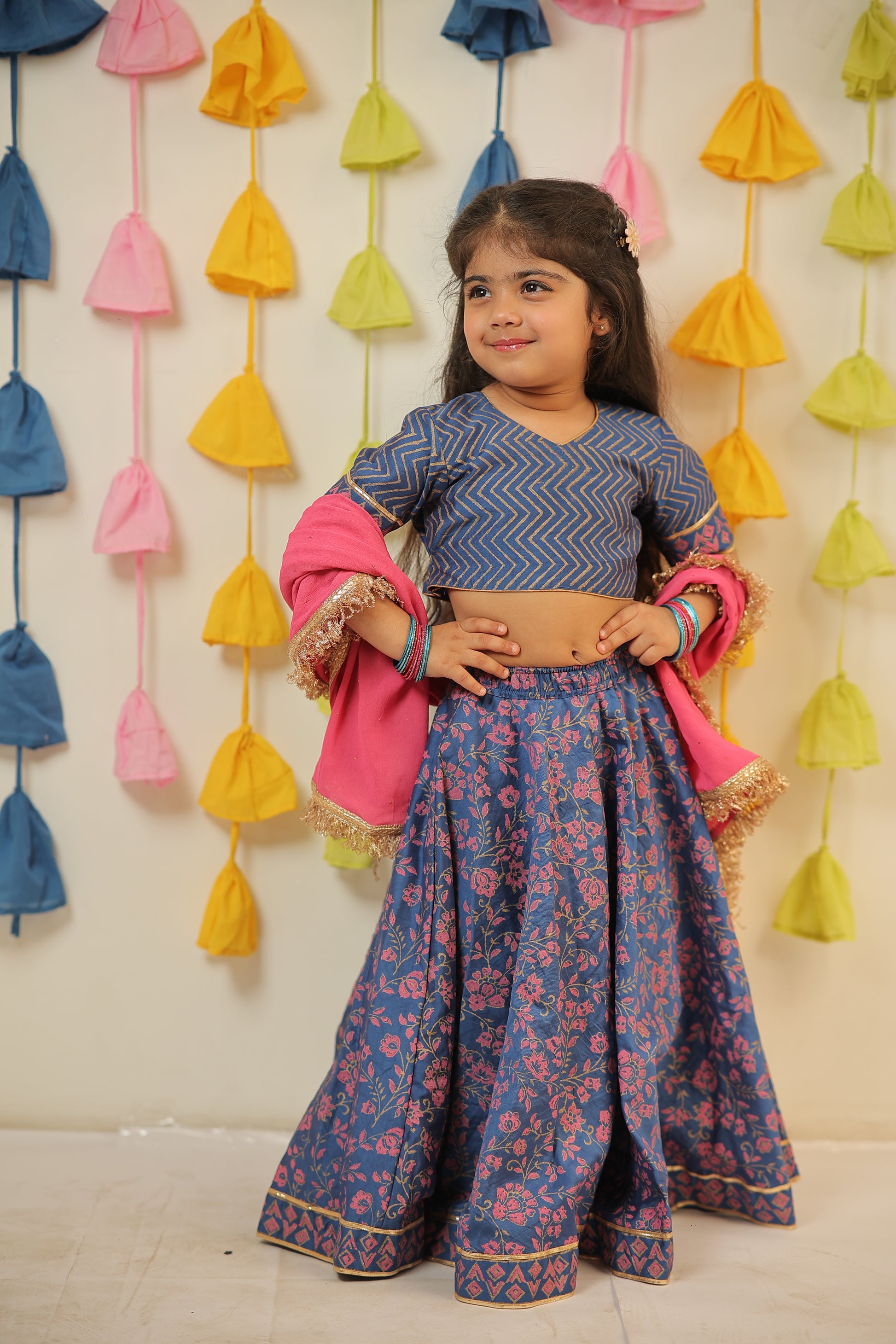 Blue block Printed lehenga set.