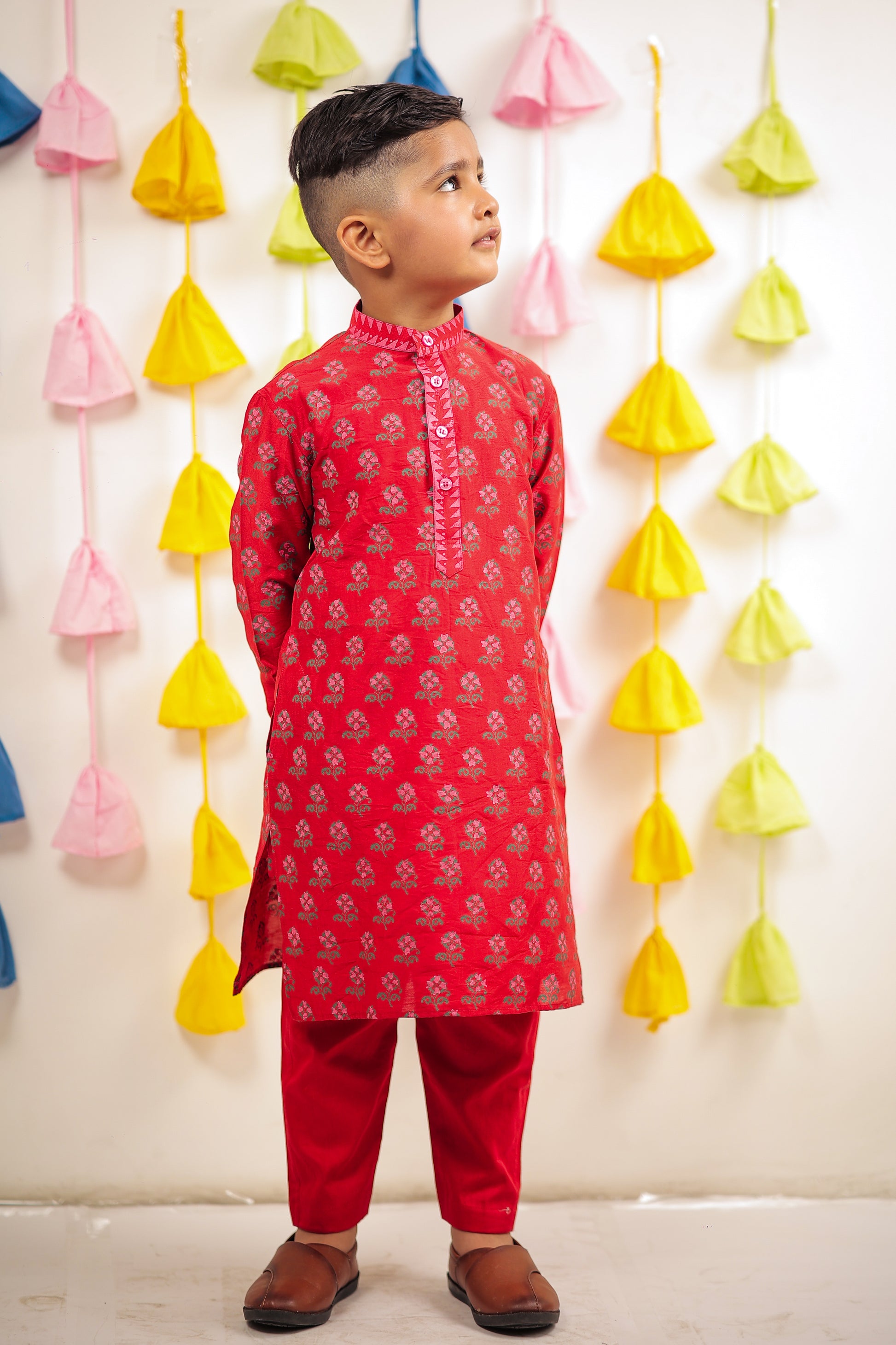 Red Block printed kurta set.