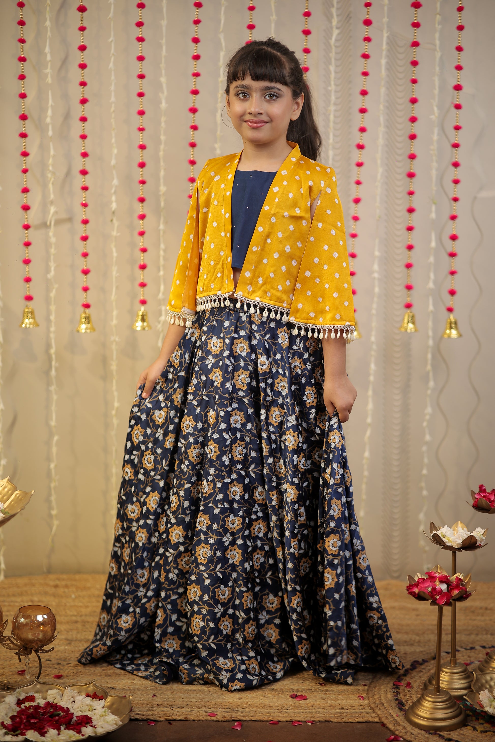 Ink Blue block printed skirt with blouse paired with shrug.