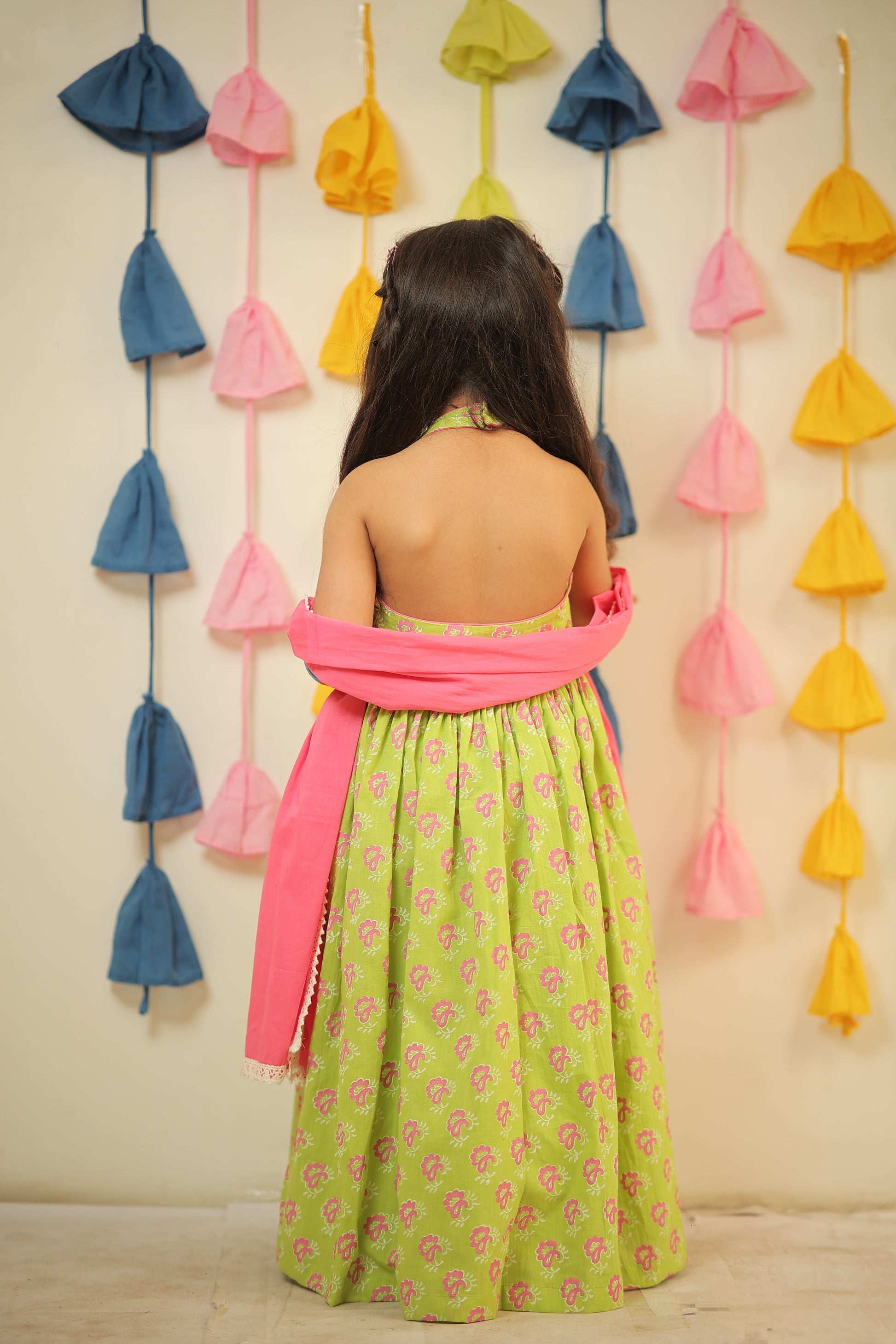 Green full length block printed kurta with dupatta.