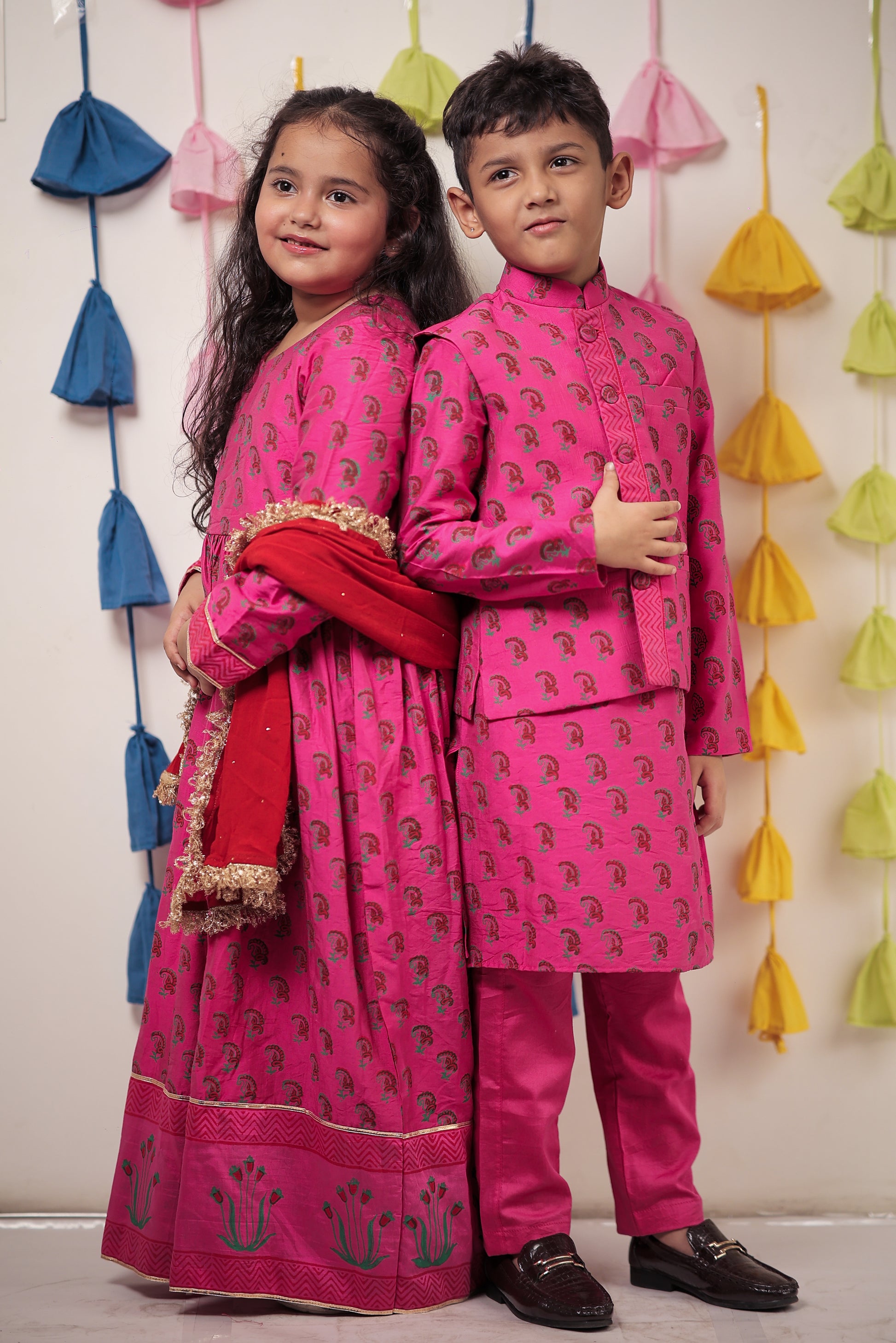 Pink block printed kurta set with jacket
