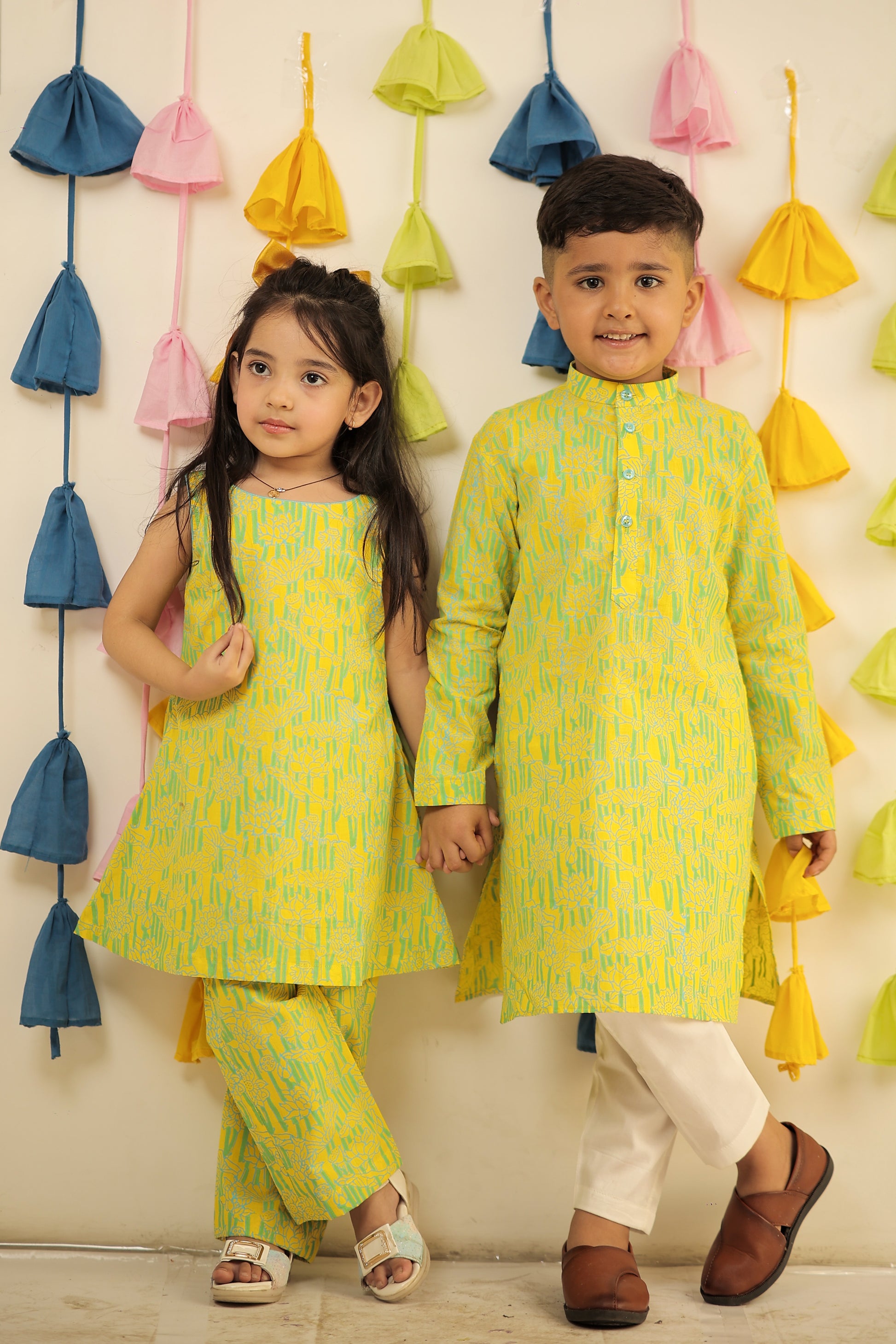 Lemon yellow Block printed kurta set with pants.