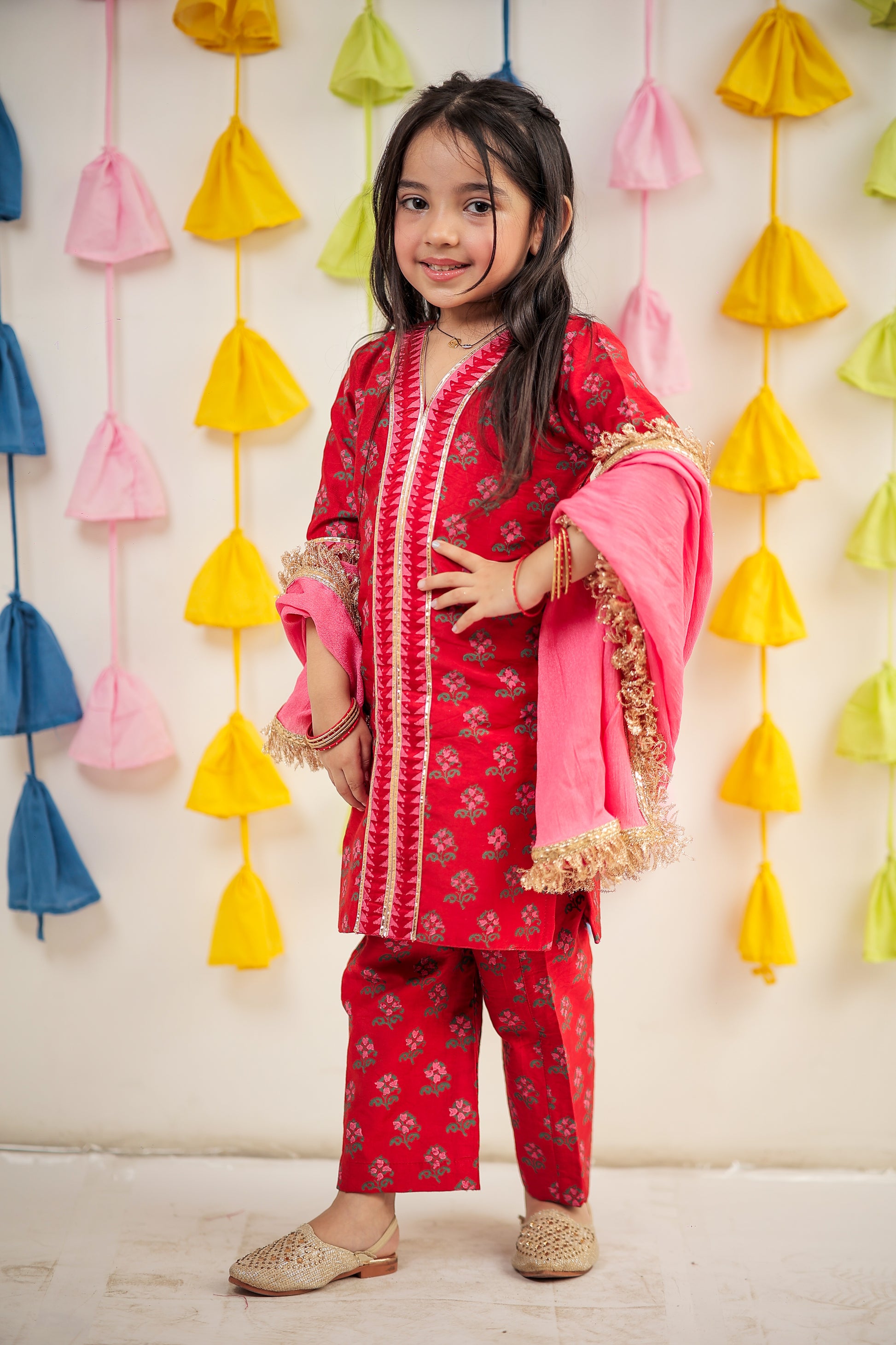 Red Block Printed kurta with pant and dupatta.