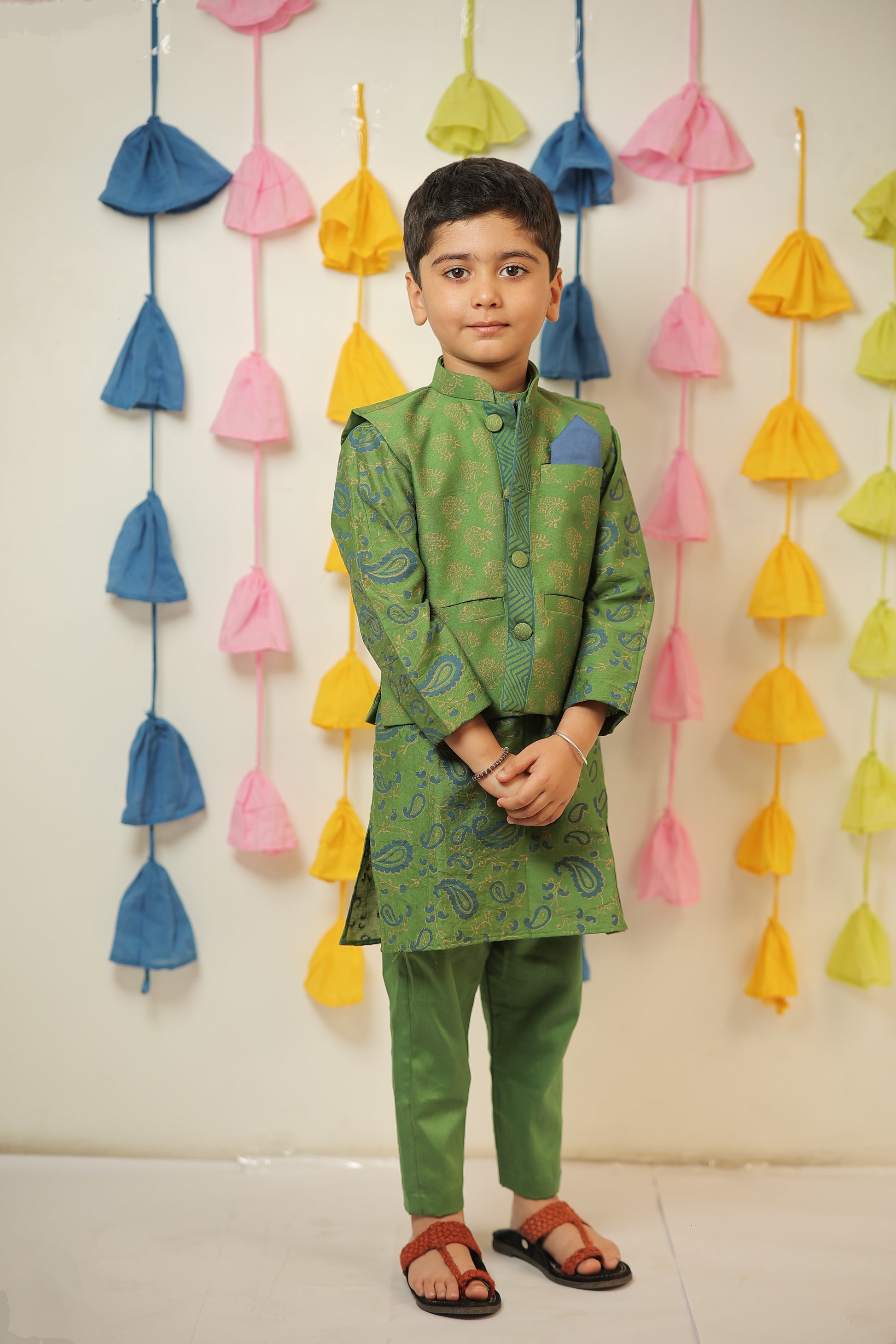 Green block printed kurta set with jacket