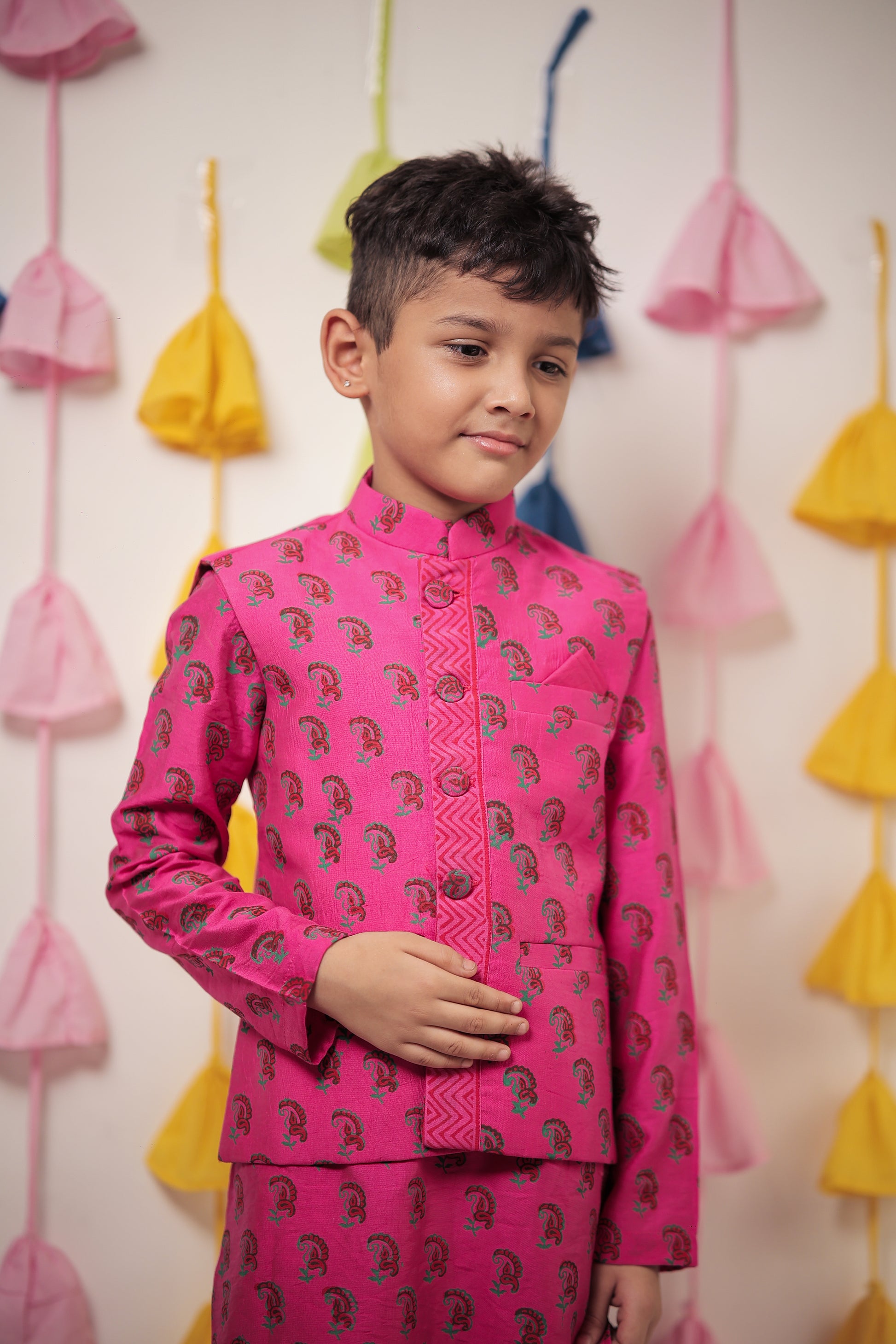 Pink block printed kurta set with jacket
