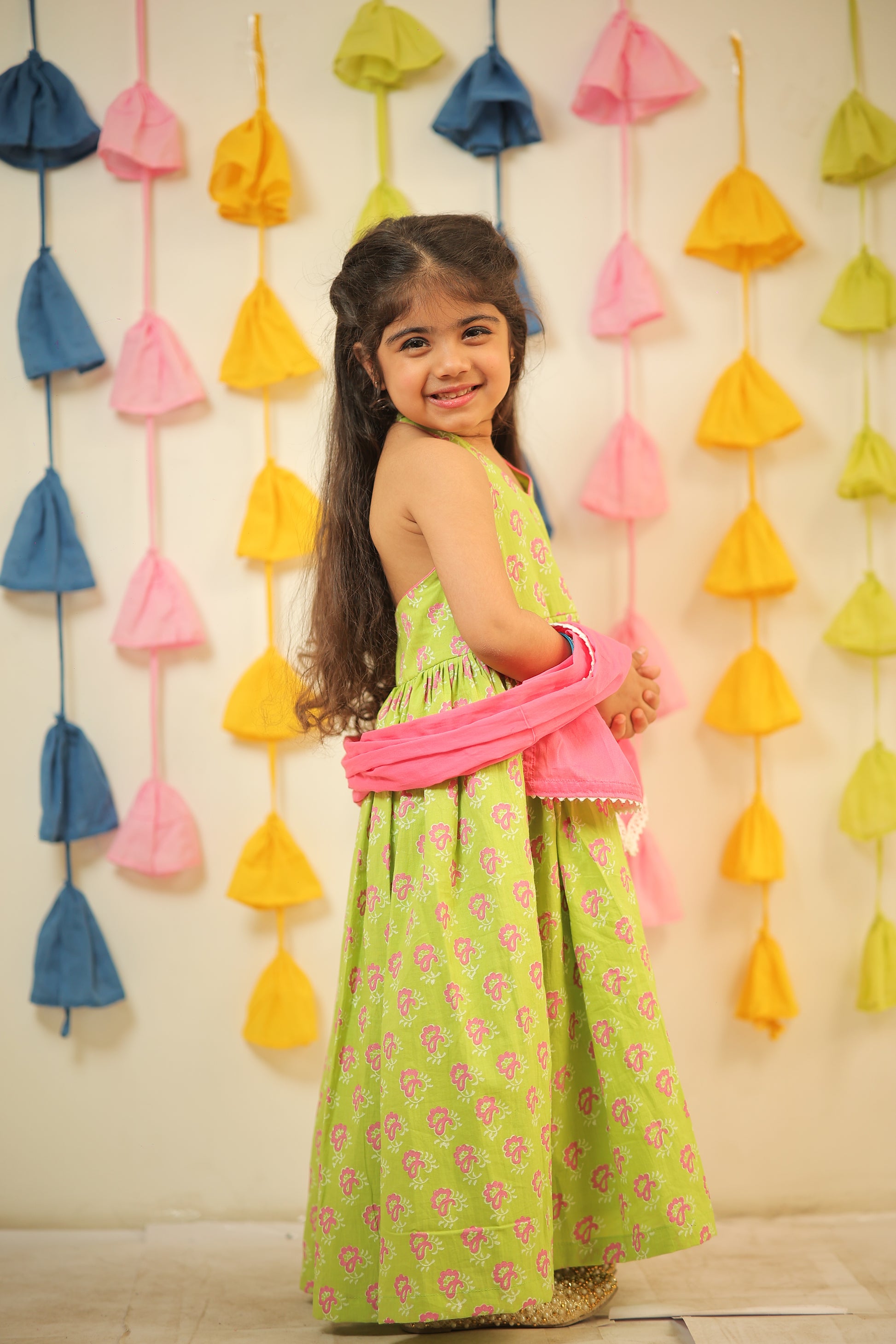 Green full length block printed kurta with dupatta.