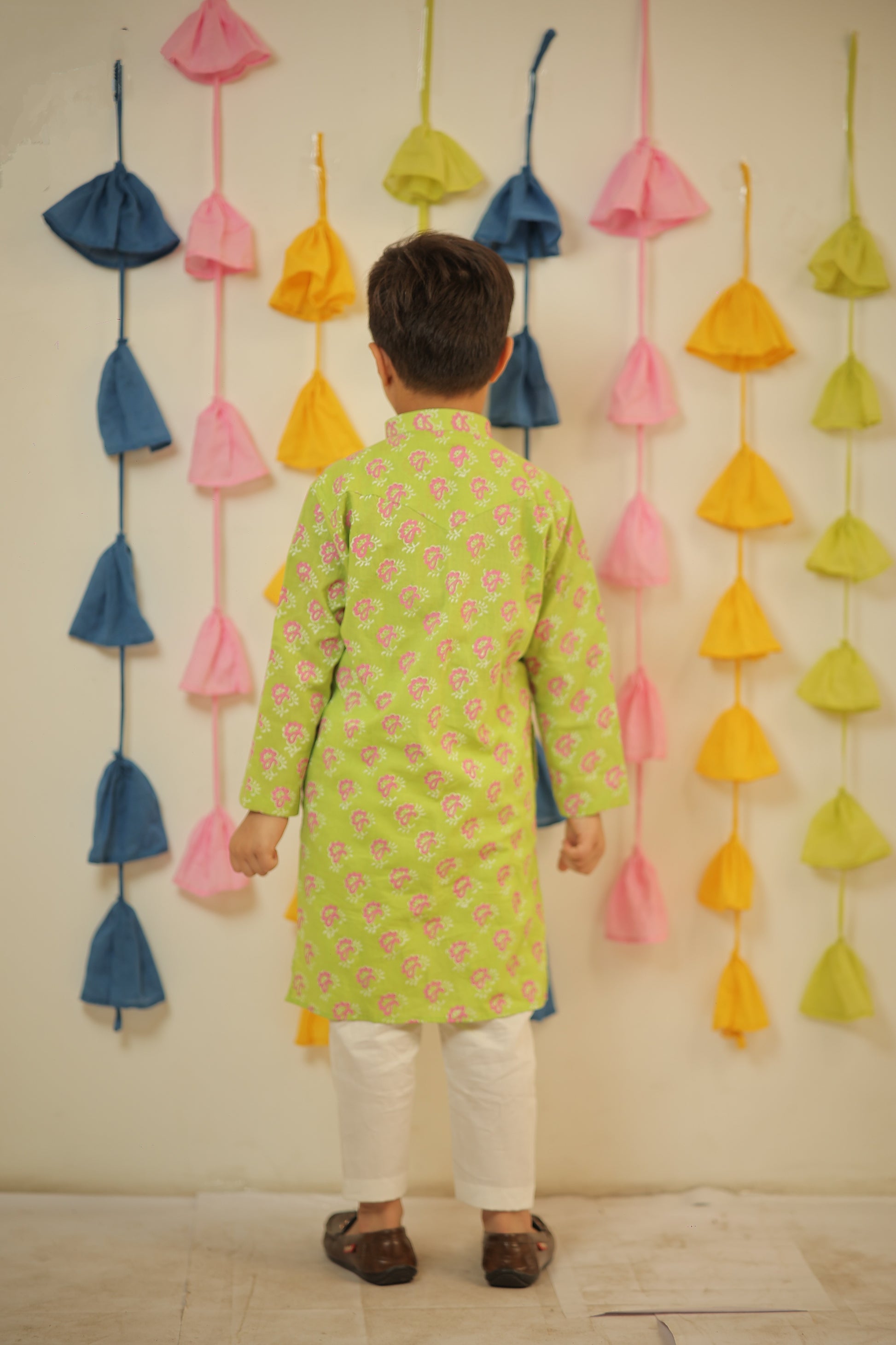 Green block printed kurta set.