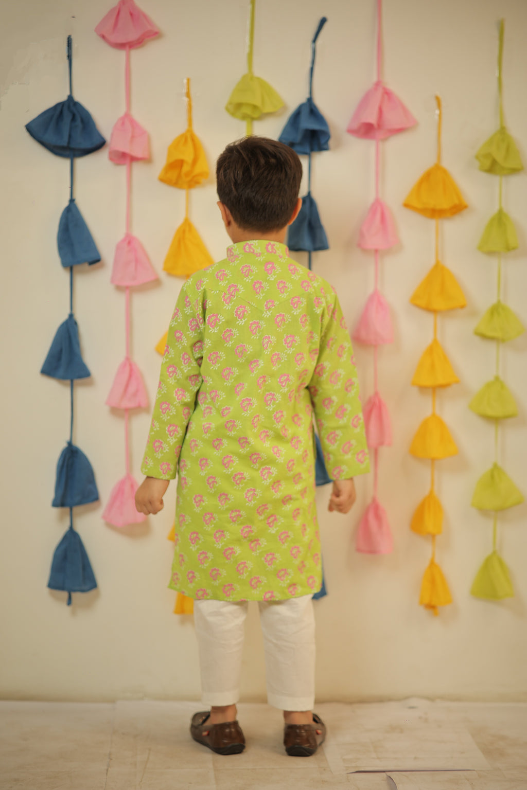 Green block printed kurta set.