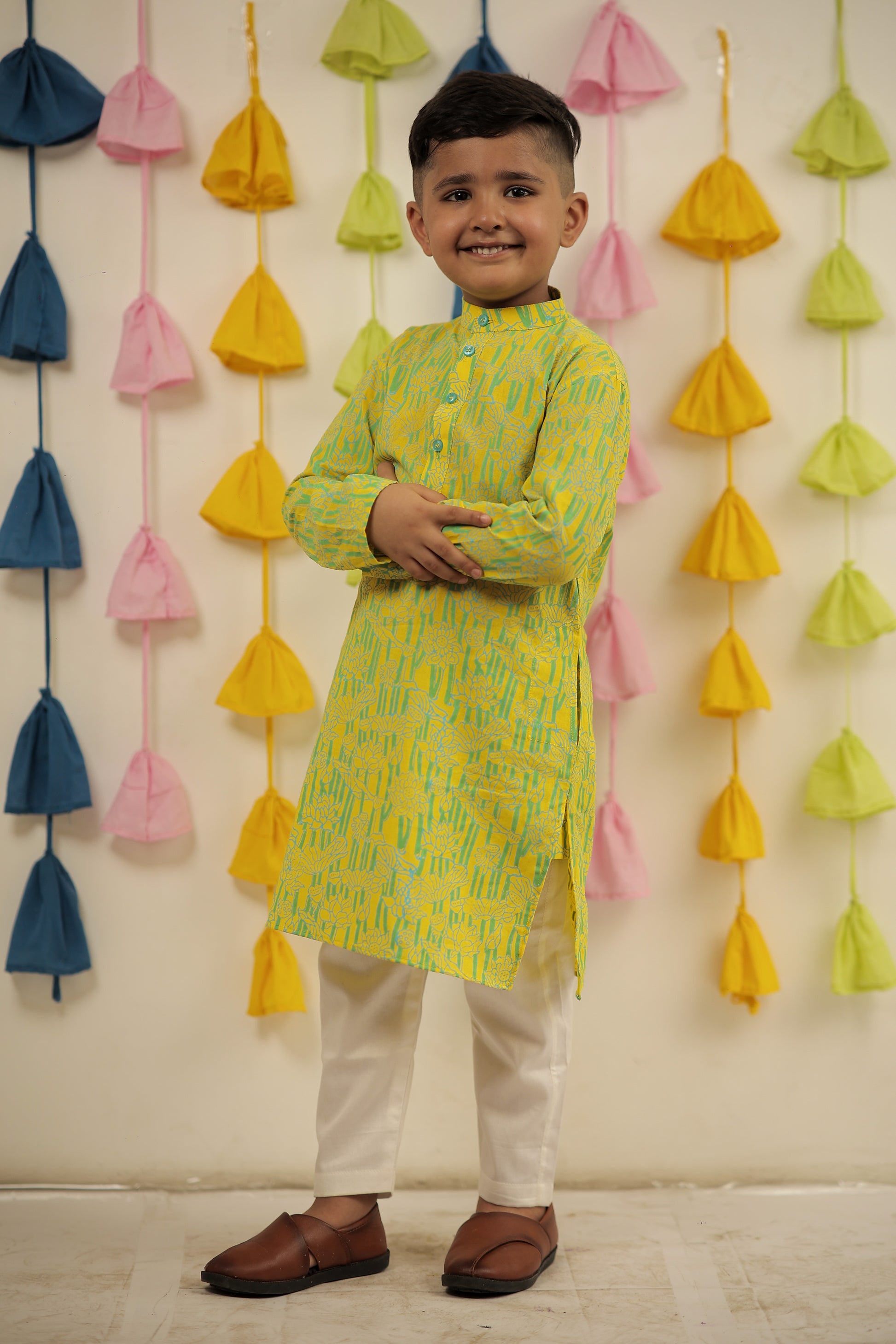 Lemon yellow Block printed kurta set