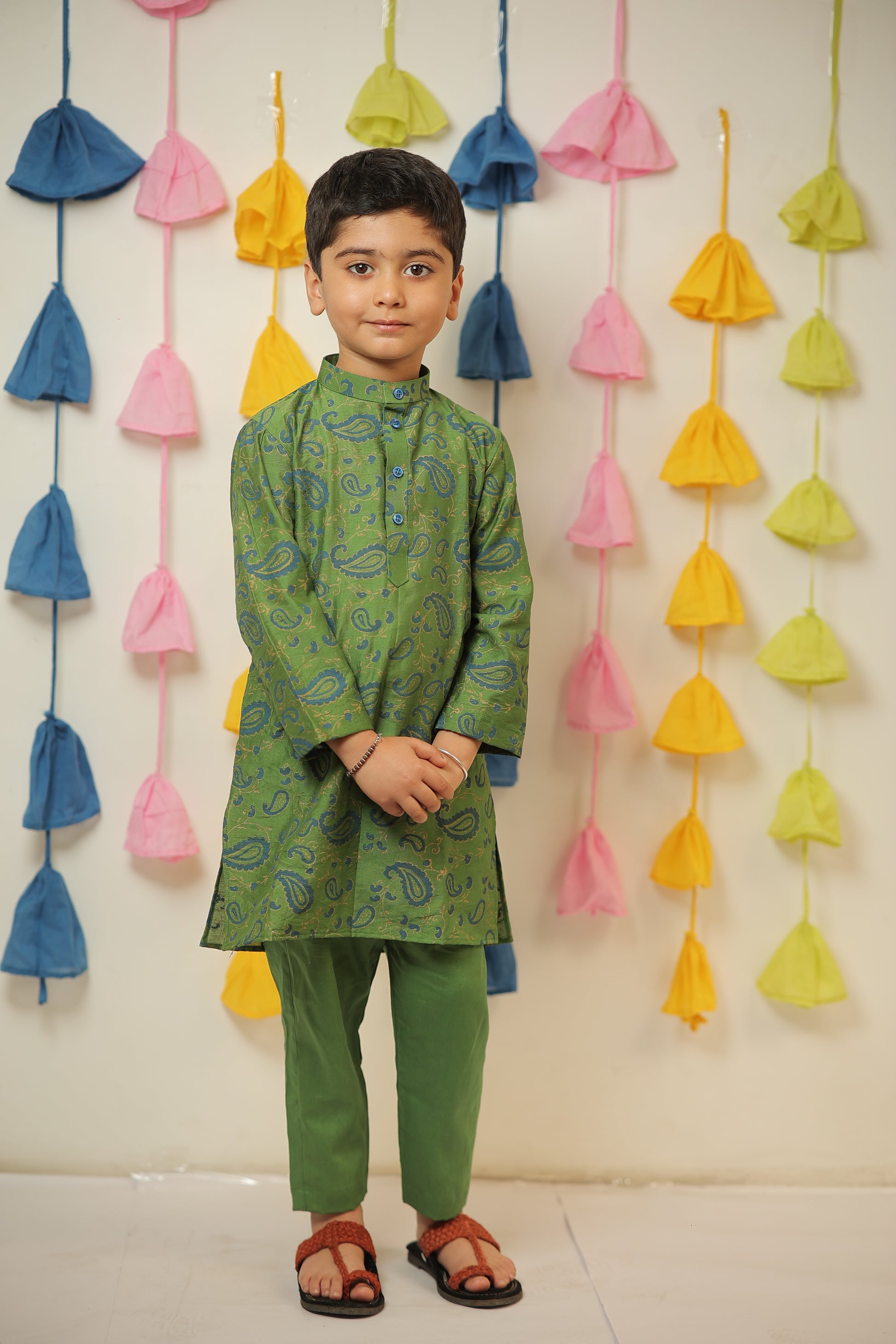 Green block printed kurta set.