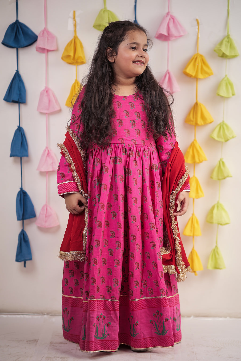 Pink block Printed Anarkali with Dupatta.