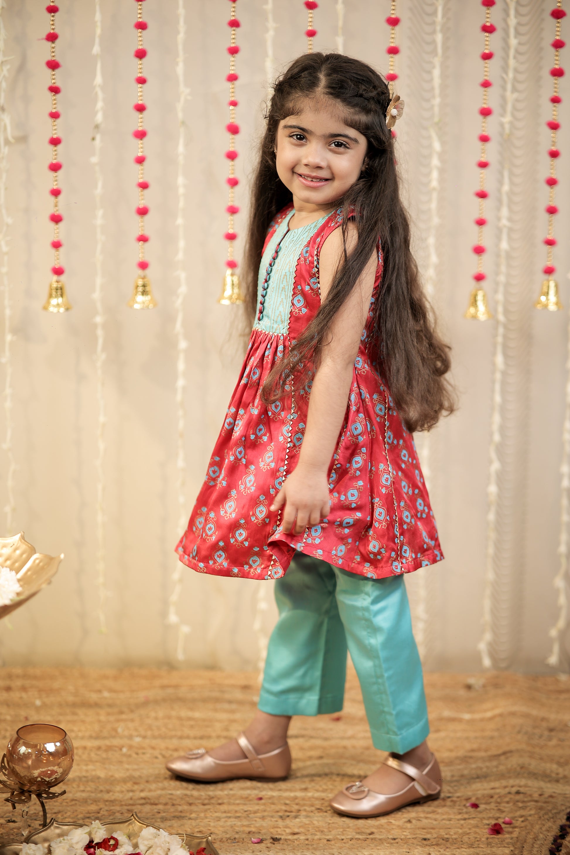 Pink block printed kurta with pants