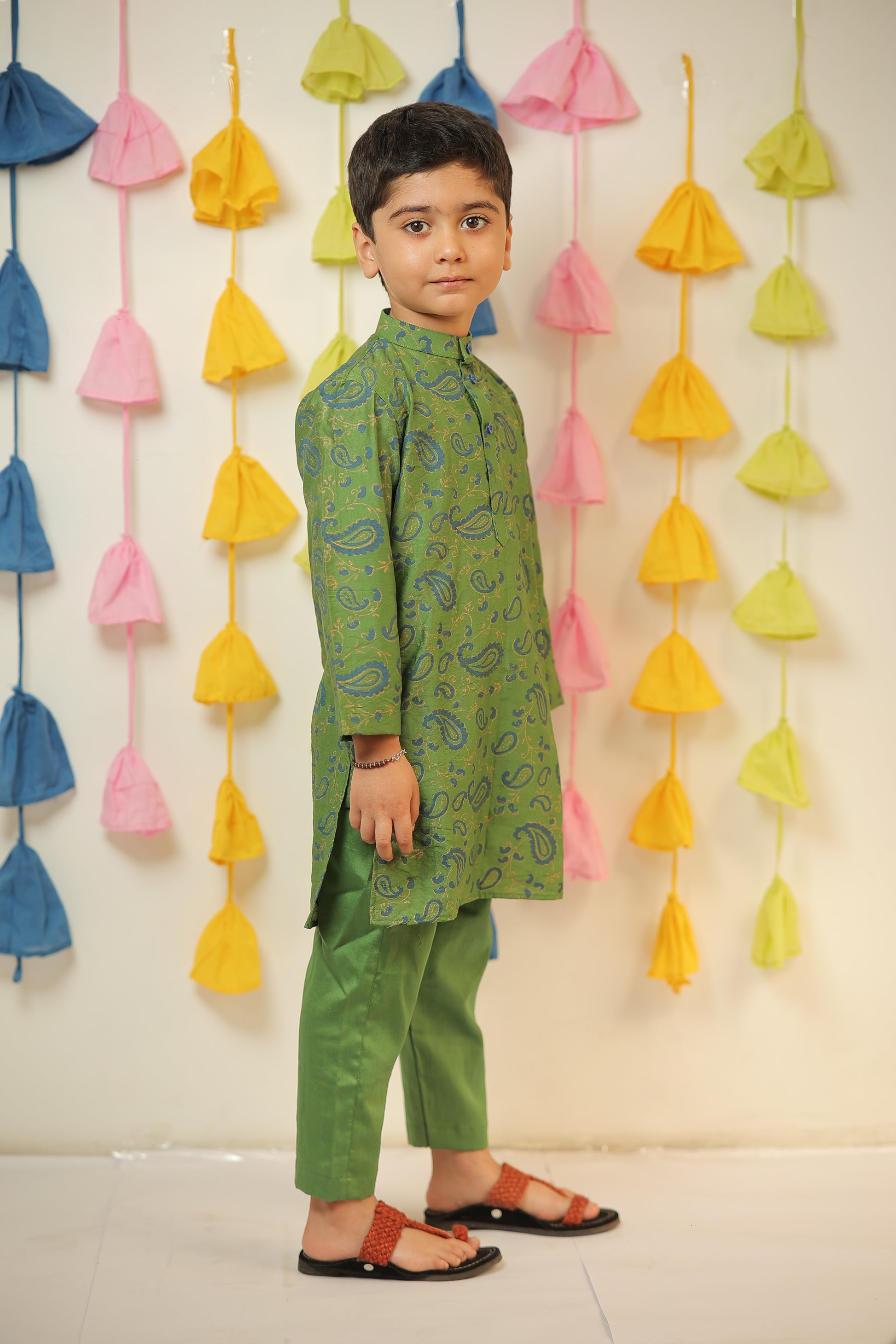 Green block printed kurta set.