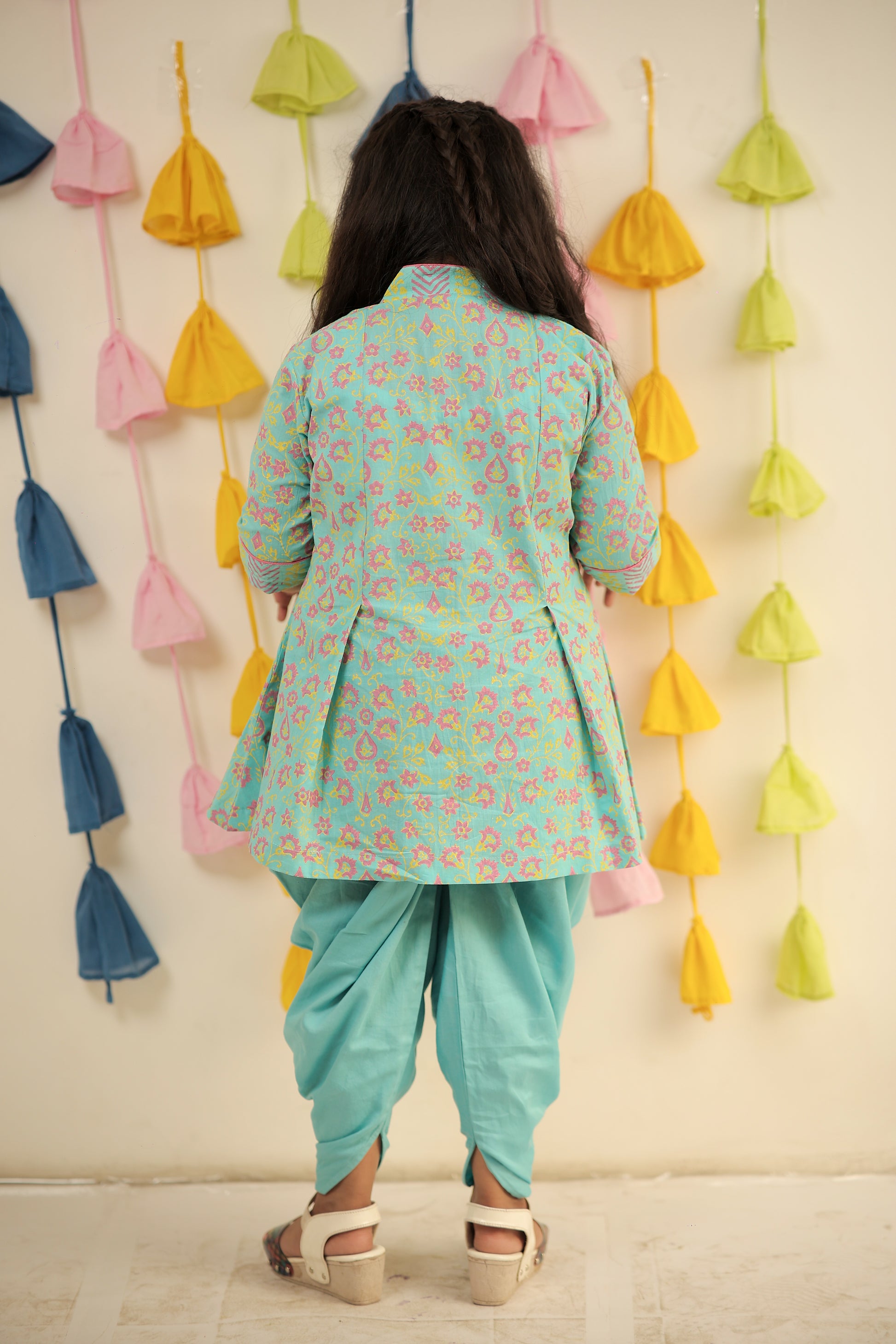 Blue block printed kurta set with dhoti pants.
