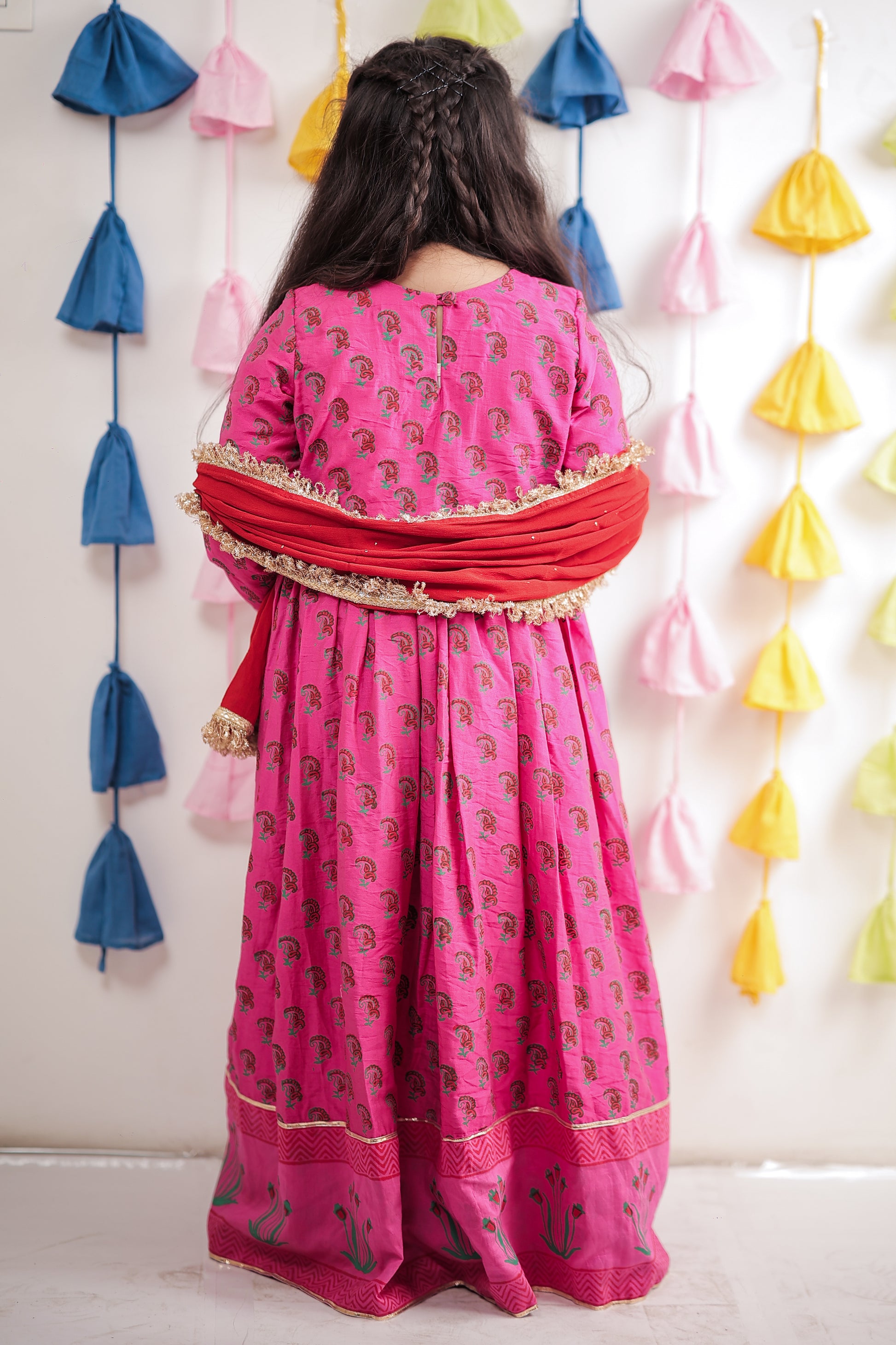 Pink block Printed Anarkali with Dupatta.