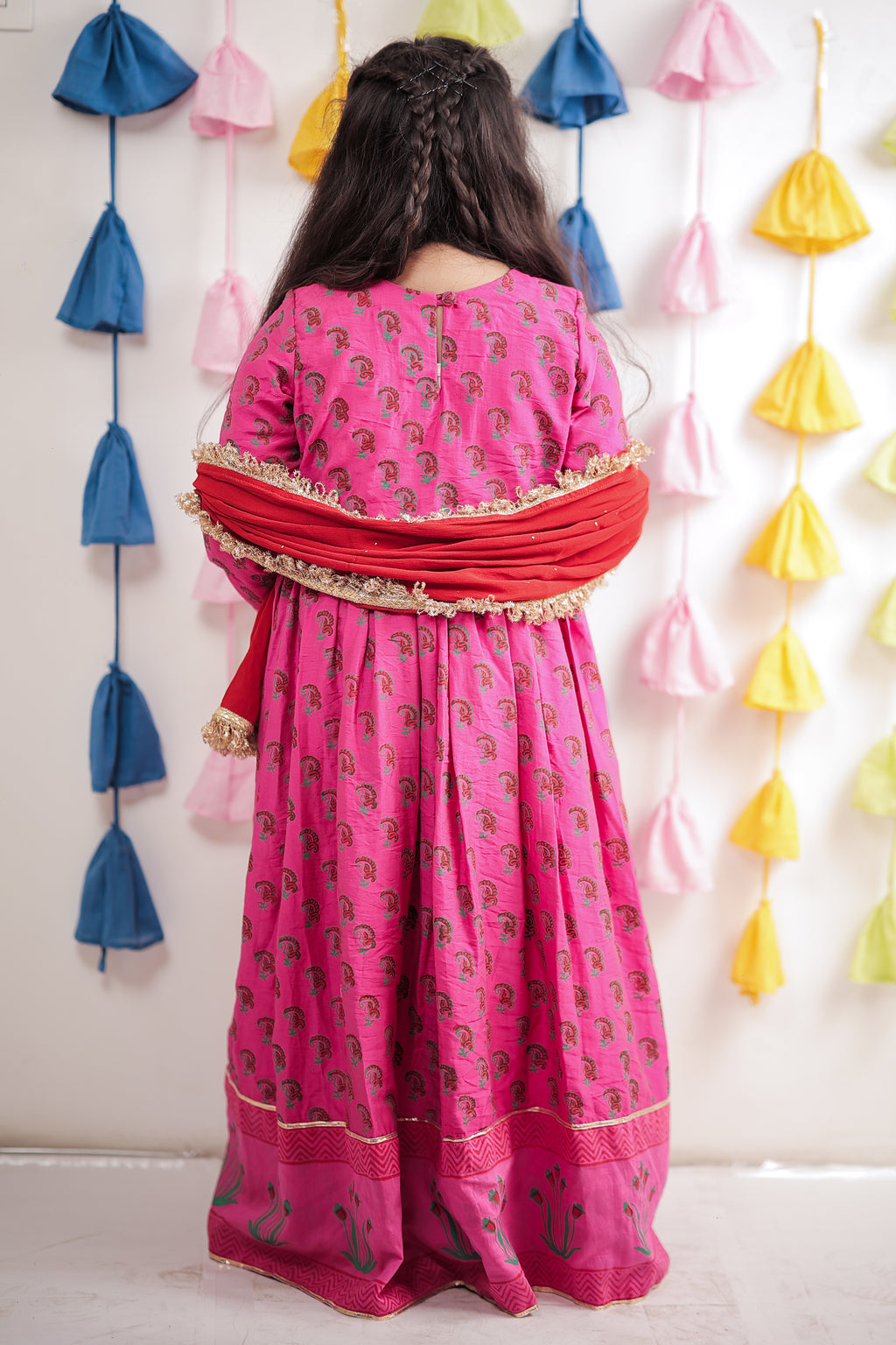 Pink block Printed Anarkali with Dupatta.