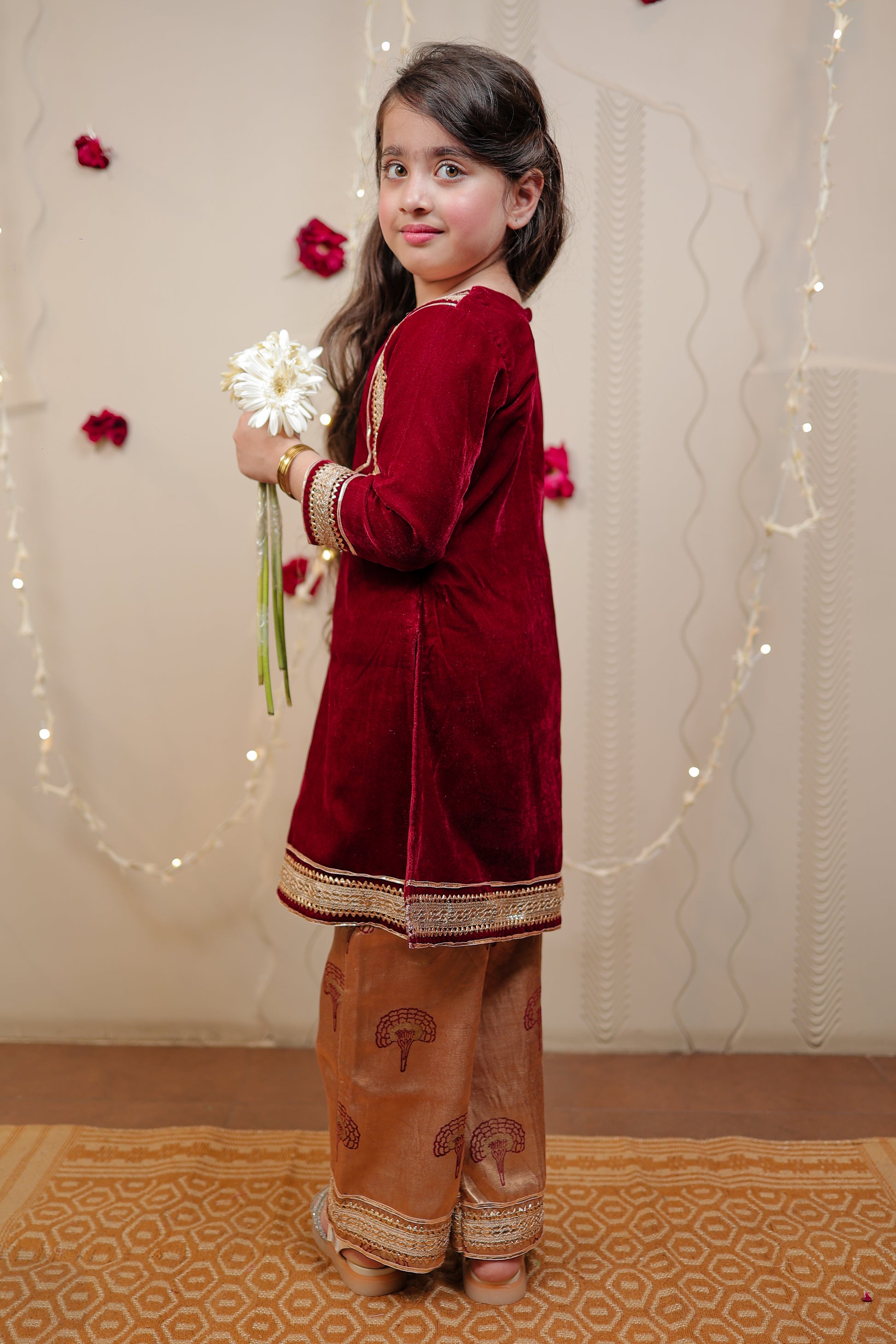 Maroon velvet kurta set