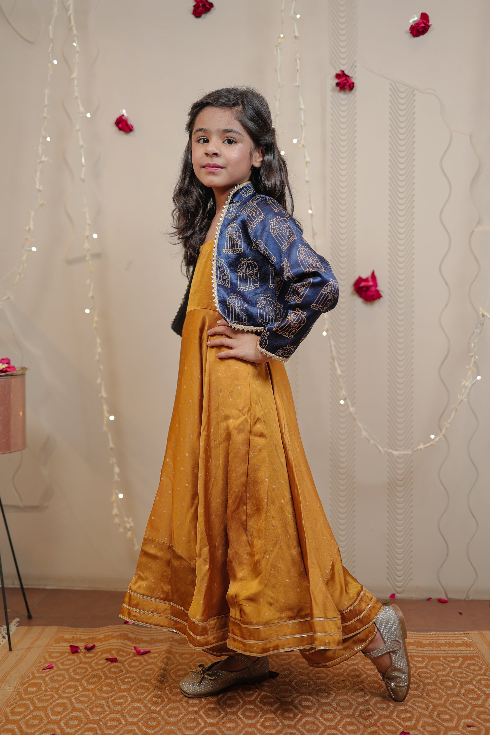 Mustard kurta set with short jacket
