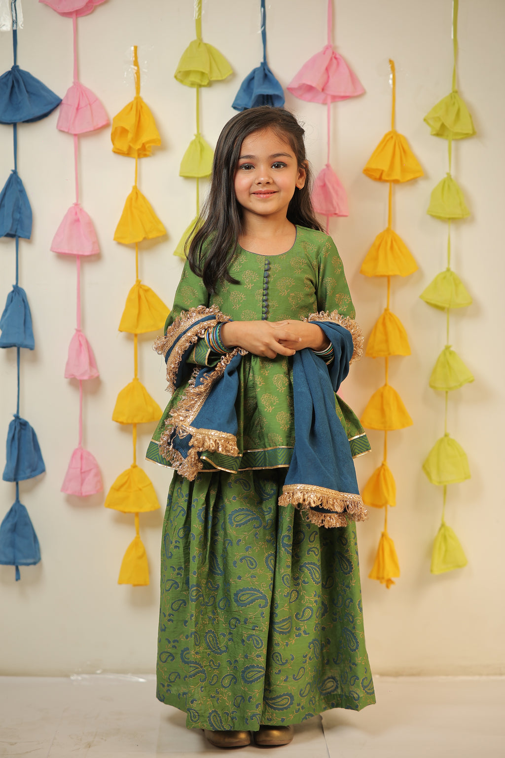 Green block Printed kurta with sharara and Dupatta set.