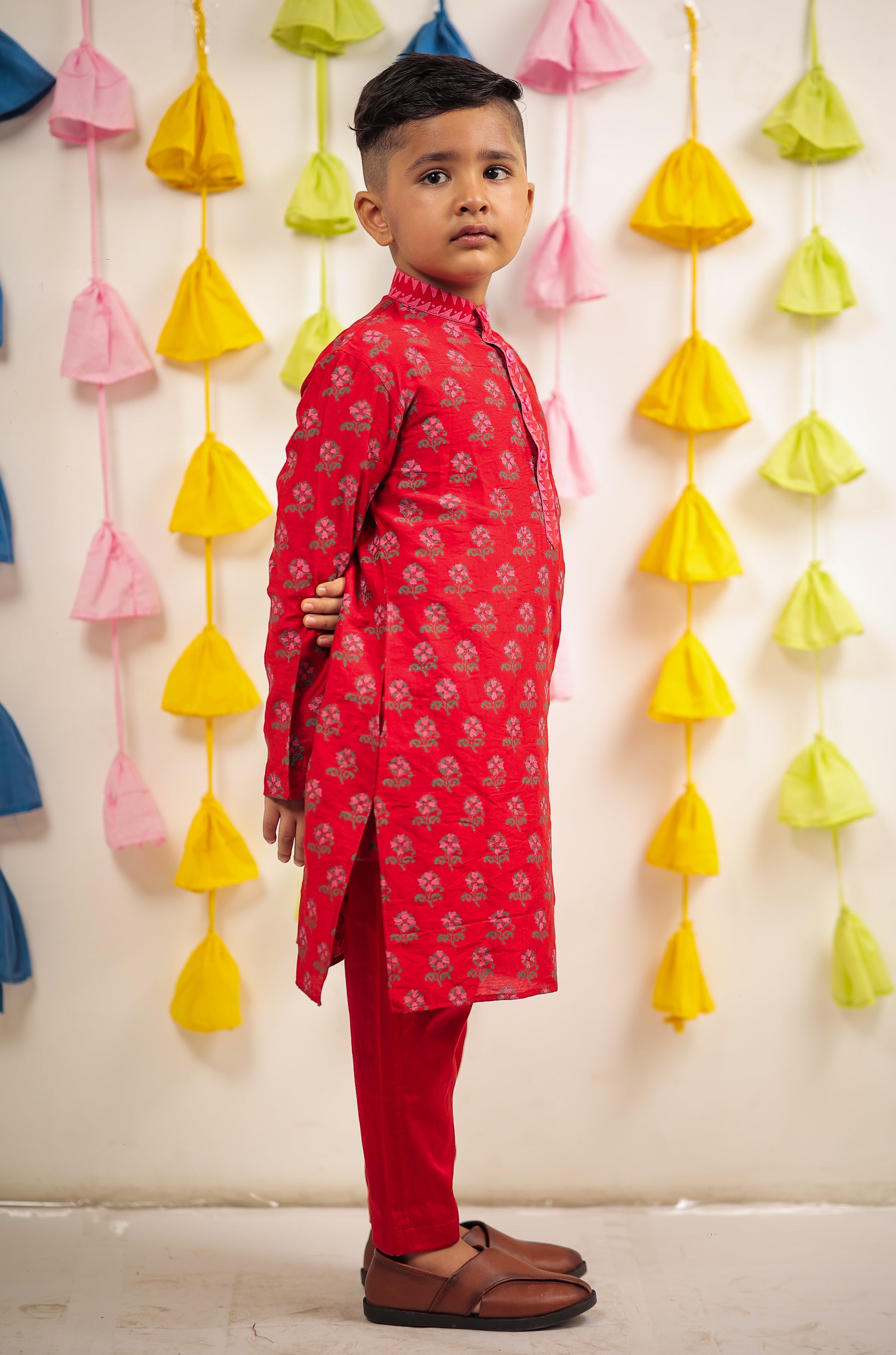 Red Block printed kurta set.