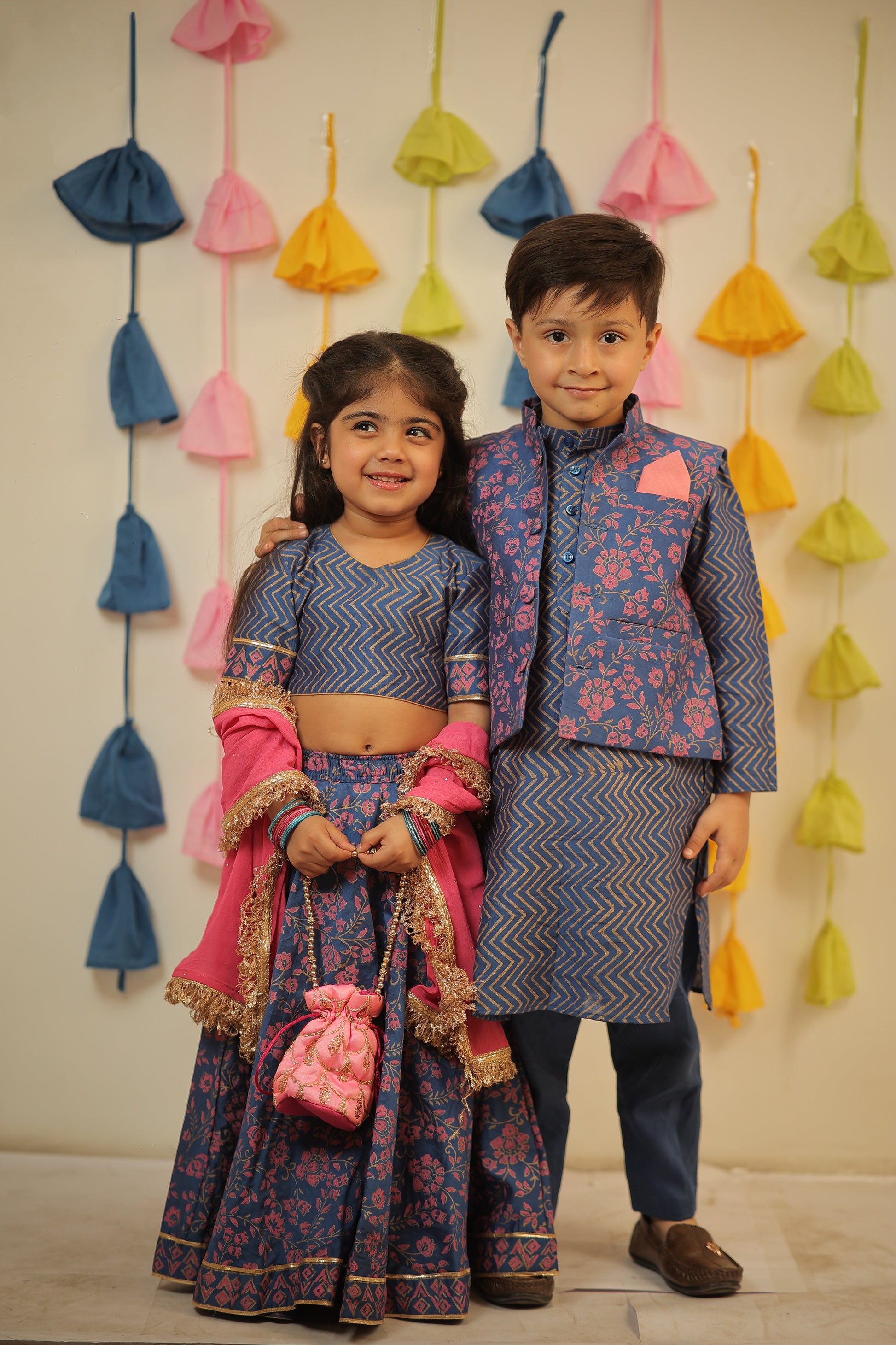 Blue block Printed lehenga set.