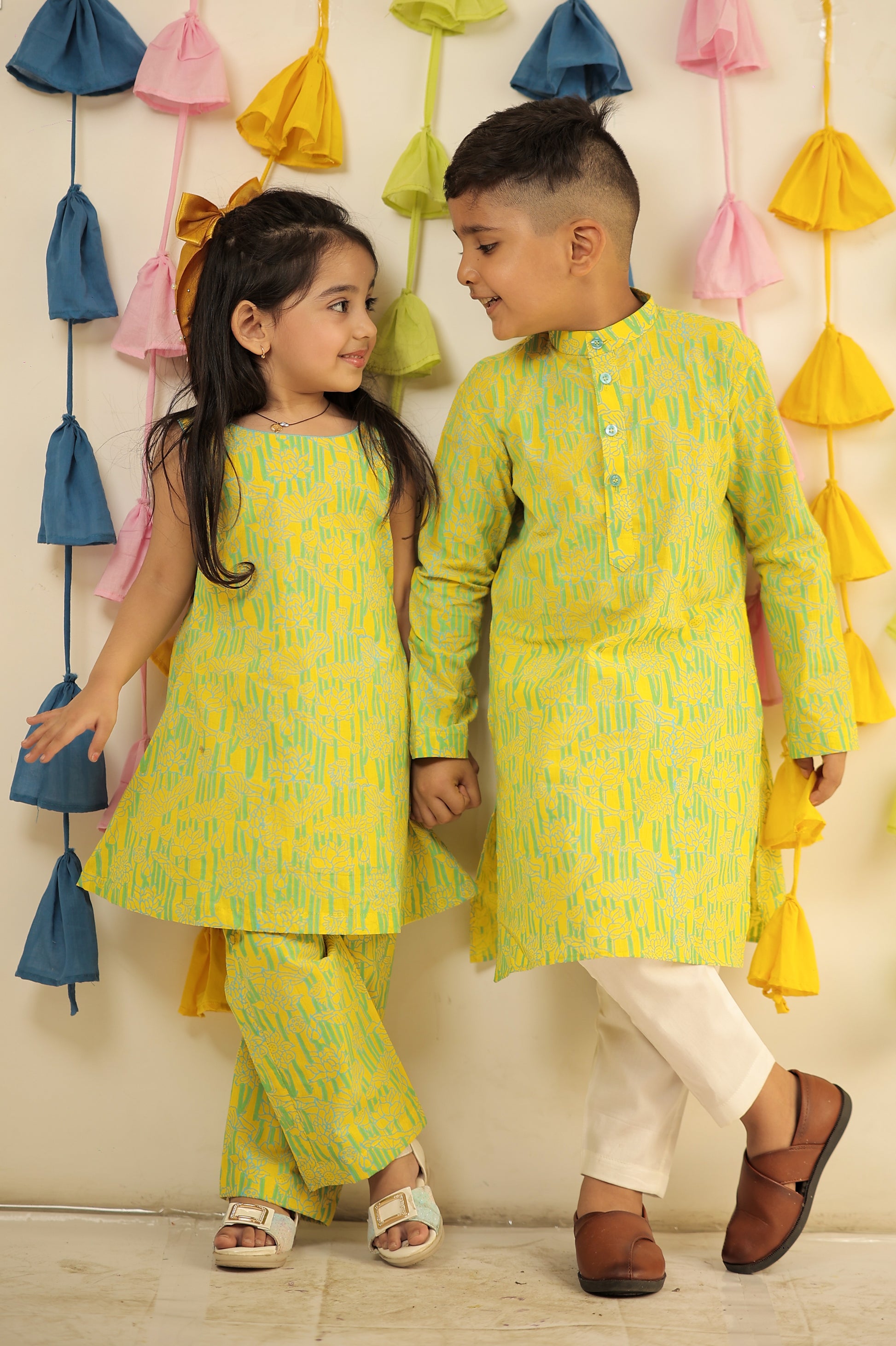 Lemon yellow Block printed kurta set