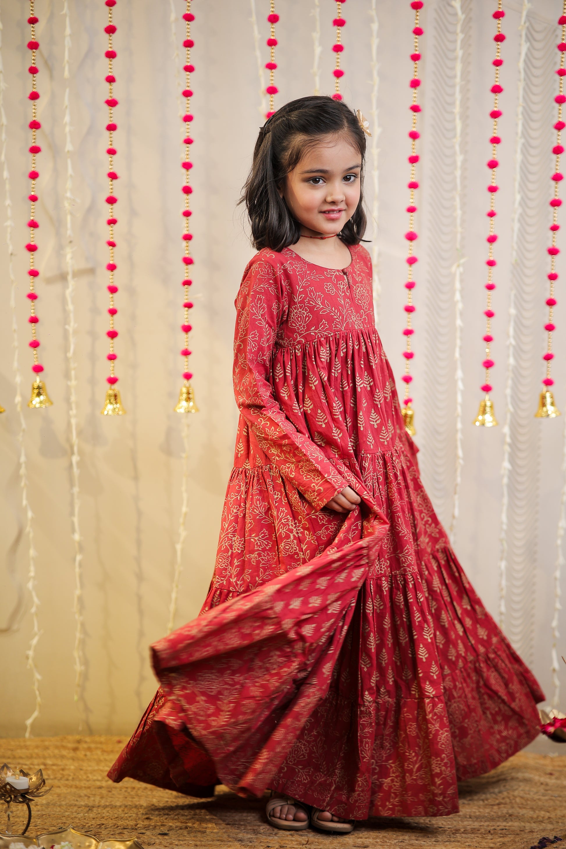 Maroon block printed full length kurta.