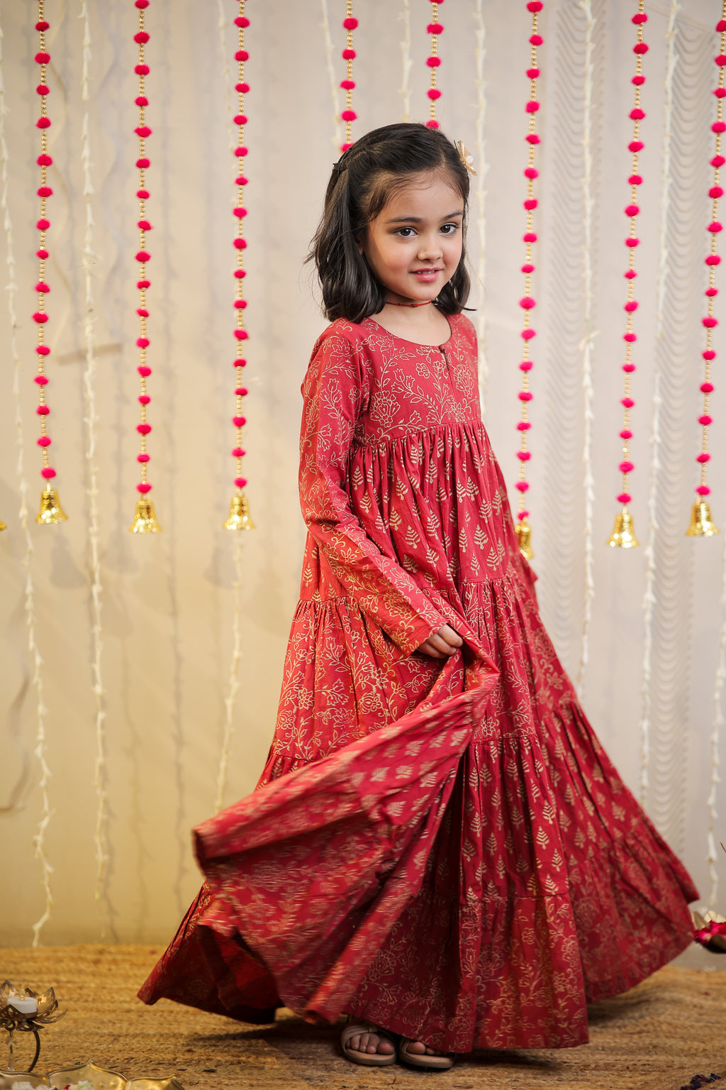 Maroon block printed full length kurta.