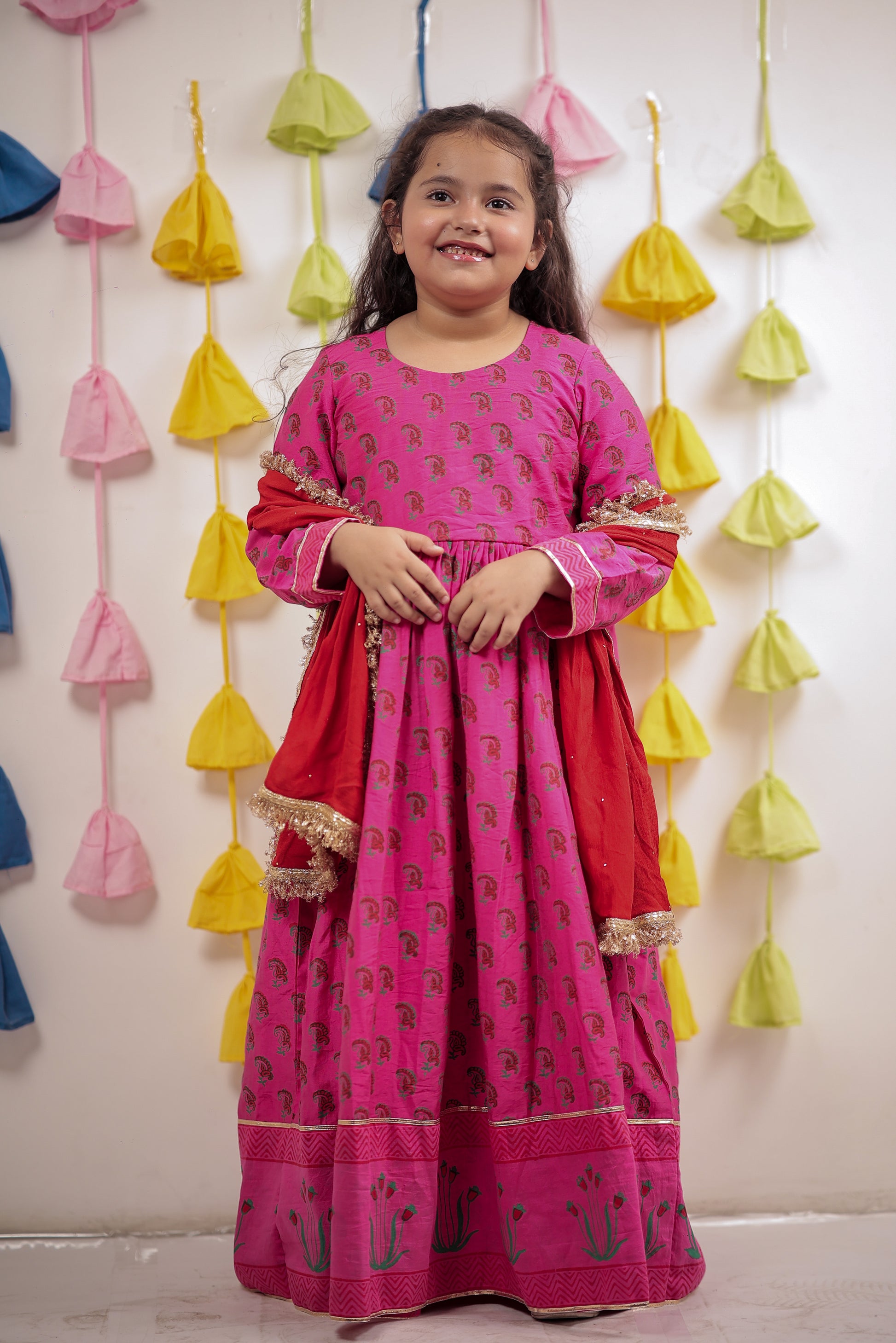 Pink block Printed Anarkali with Dupatta.