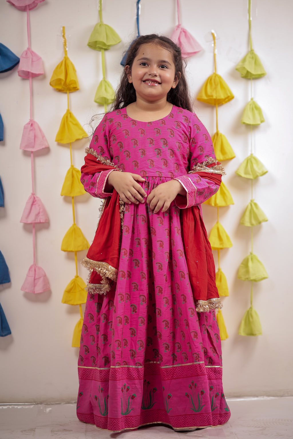 Pink block Printed Anarkali with Dupatta.