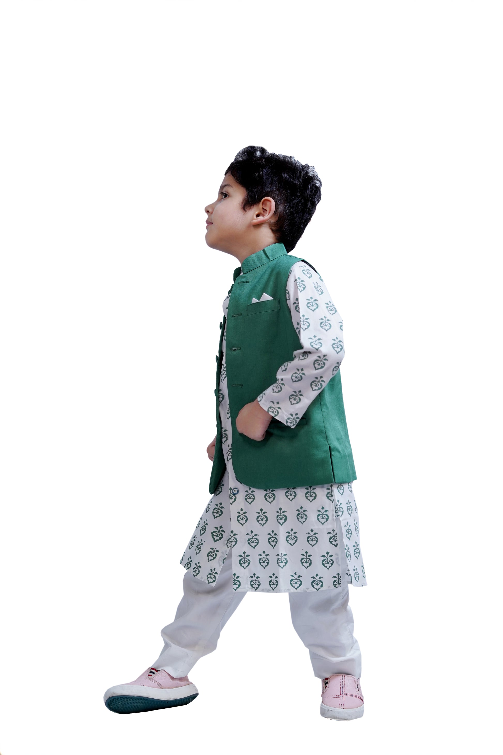 LEAF PRINTED KURTA PAJAMA WITH JACKET SET