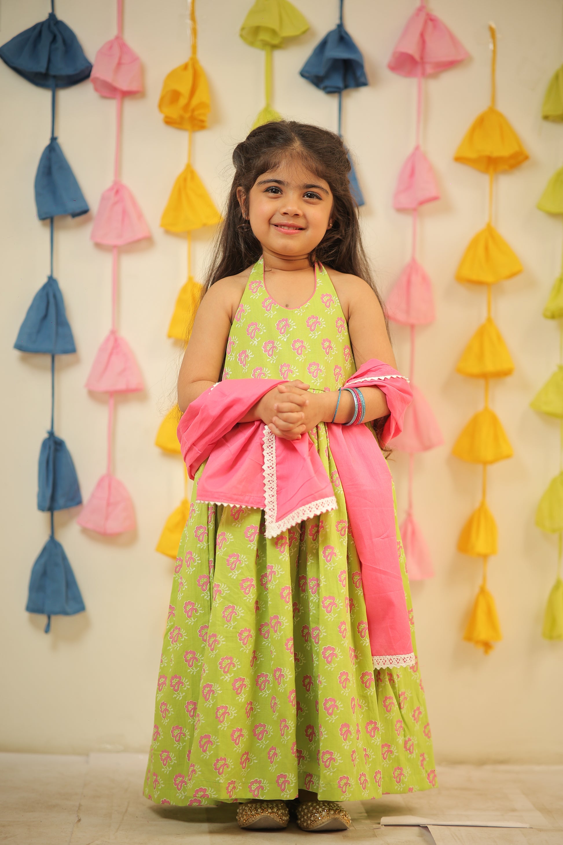 Green full length block printed kurta with dupatta.
