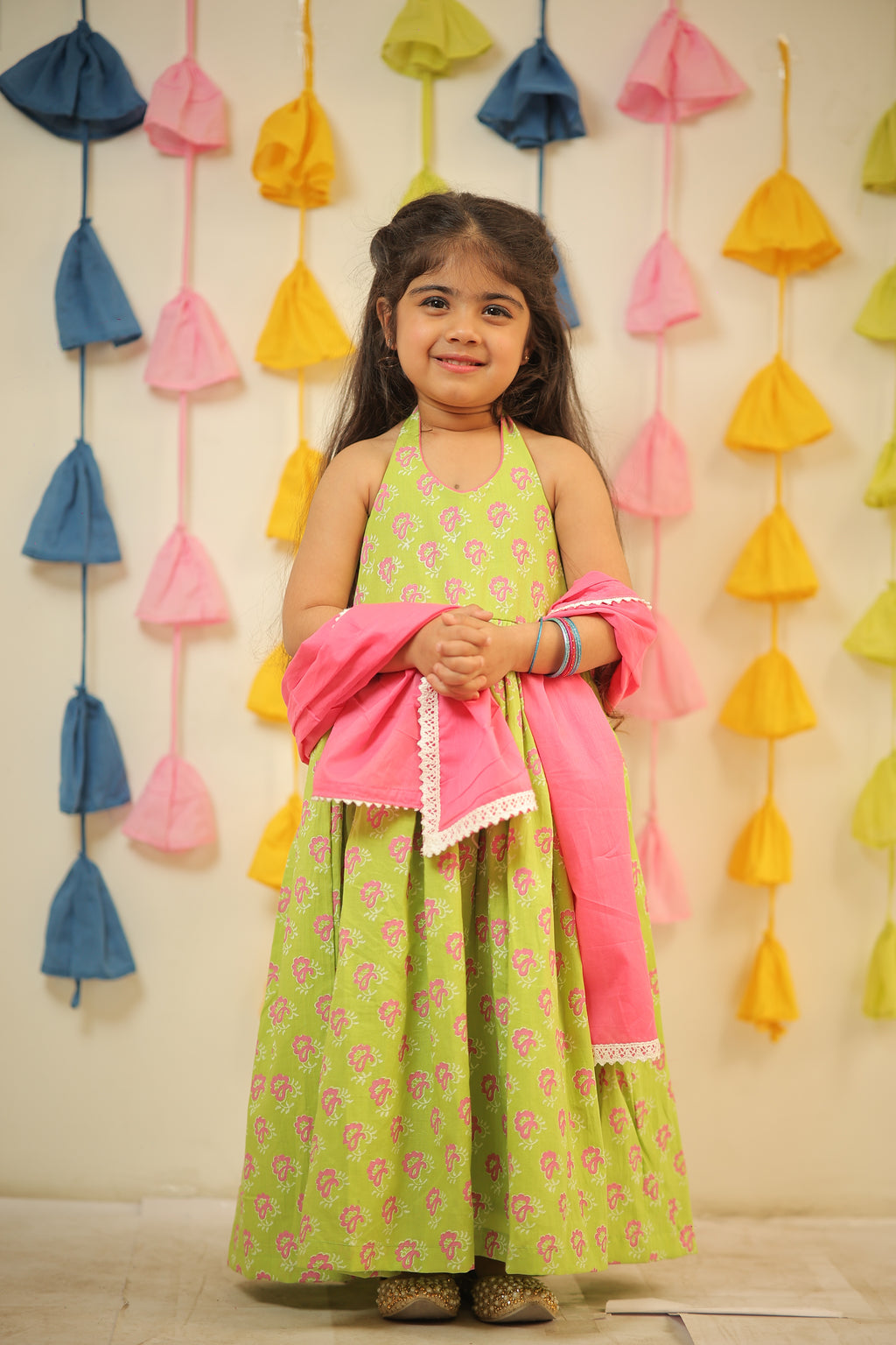 Green full length block printed kurta with dupatta.