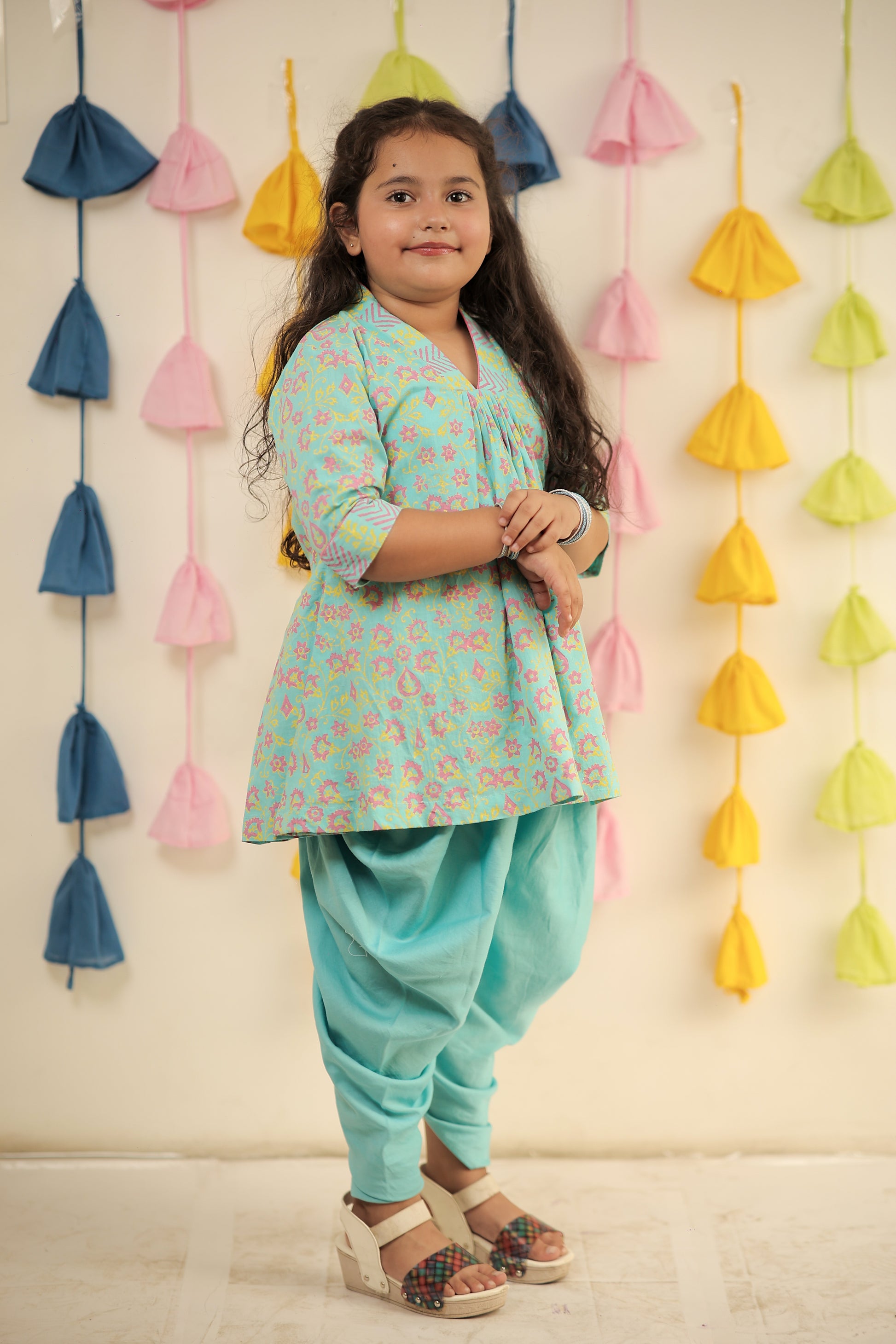 Blue block printed kurta set with dhoti pants.